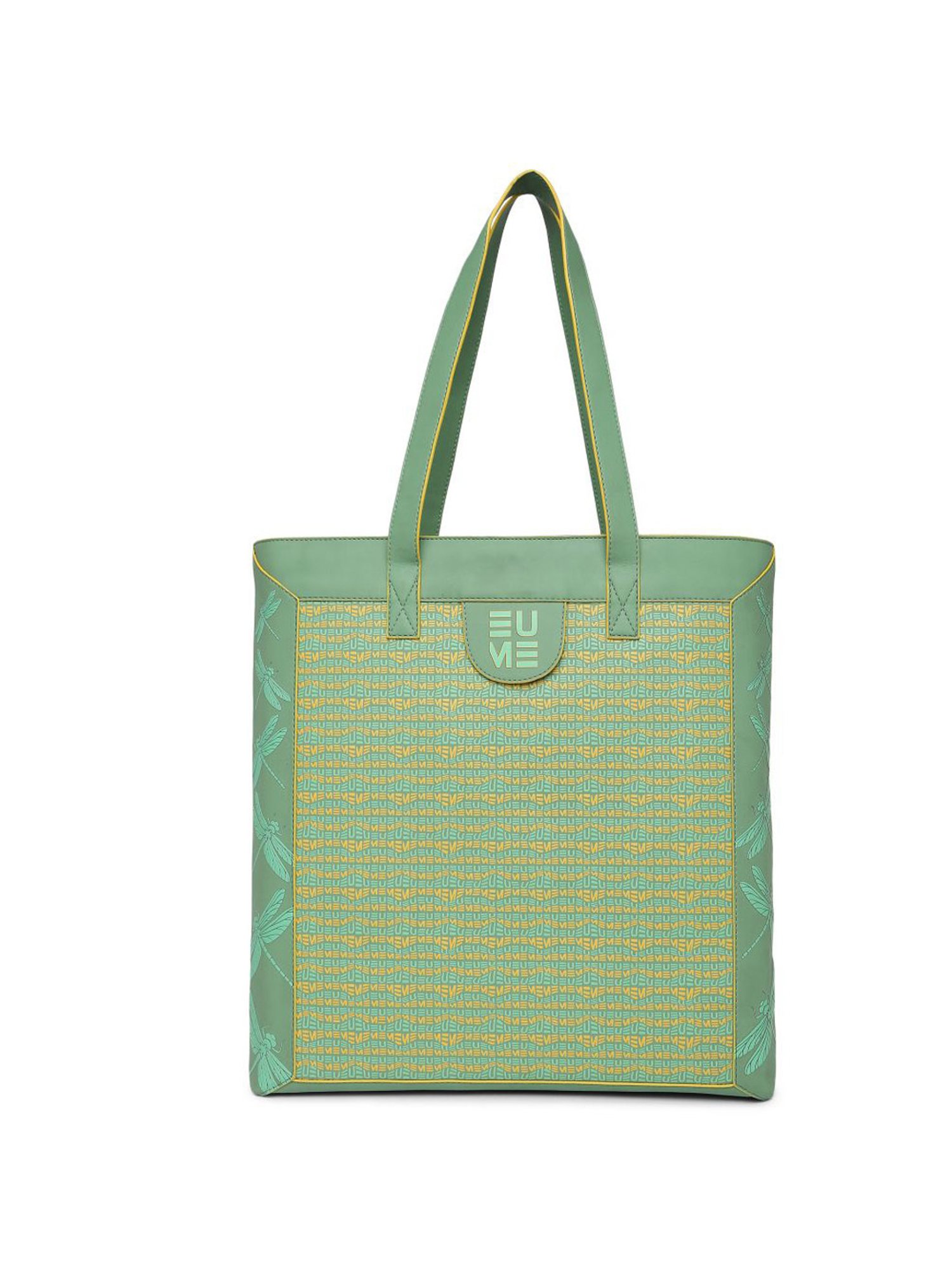 Eume Dragonfly Basil Green Leather Printed Tote Handbag with Pouch