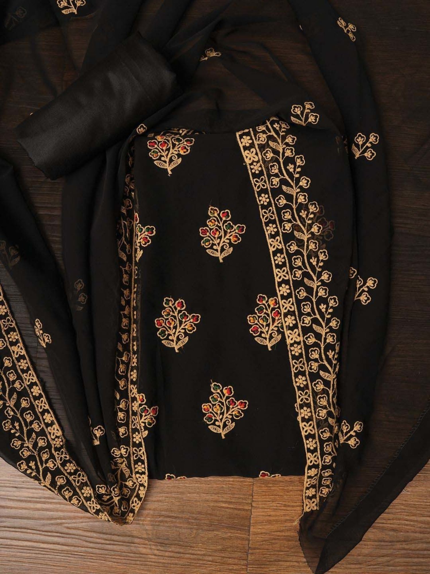 Jaipur Kurti Black Embroidered Unstitched Dress Material