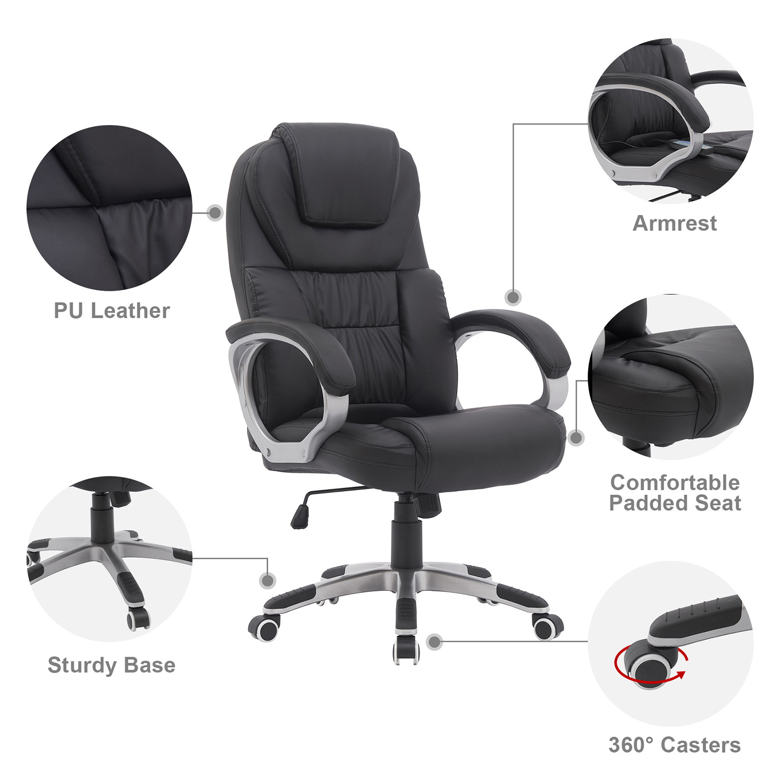 YOUTHUP Home Office Chair Massage Chair Ergonomic Computer Swivel Chair with Lumbar Support Headrest Armrest High Back Task Chair,Black