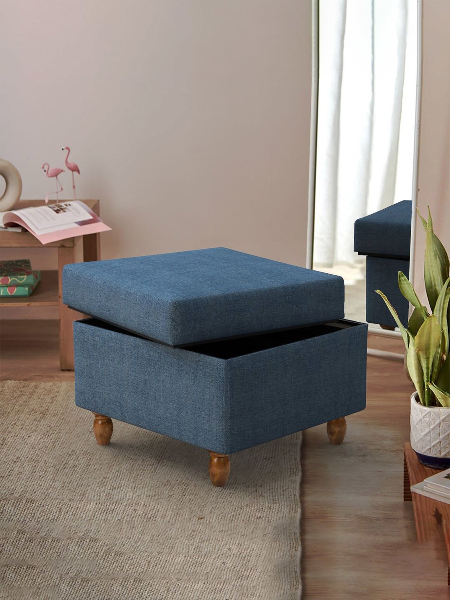 Chumbak Sailor Blue Mango Wood Modern Trunk Storage Ottoman