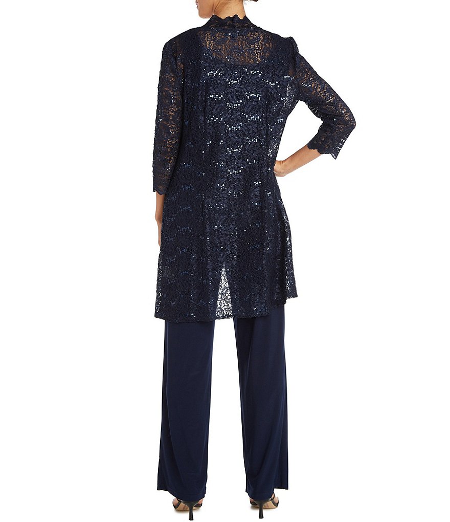 R & M Richards 3-Piece Sequin Glitter Scallop Lace Duster Pant Set