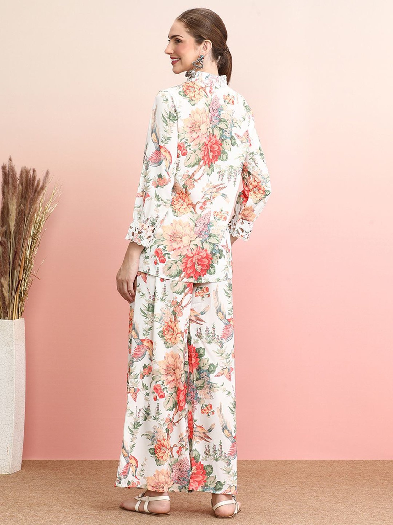 Indo Era White Floral Print Shirt Palazzo Set