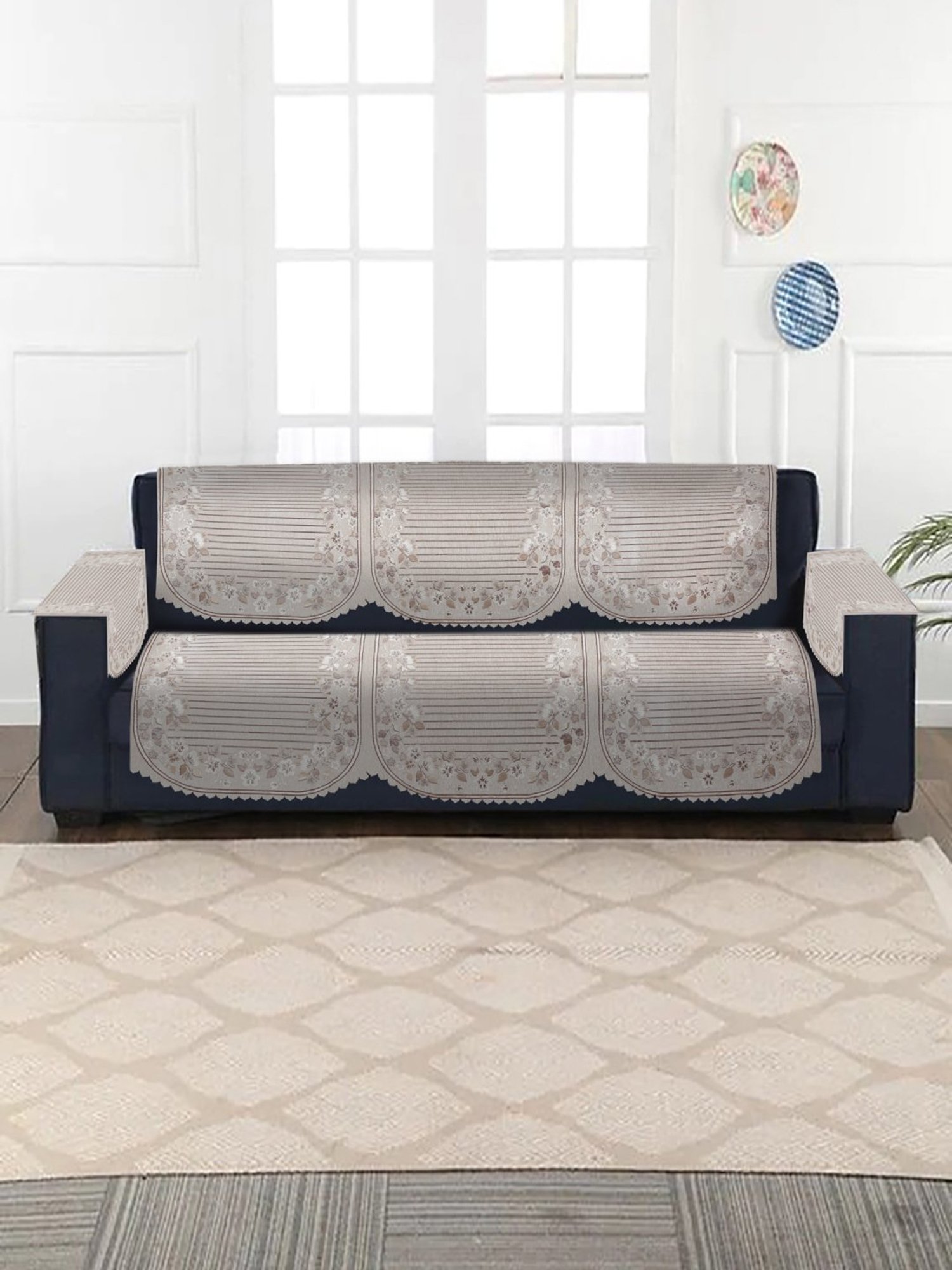 HOSTA HOMES Woven Grey & White 3 Seater With Arm Rest Sofa Covers