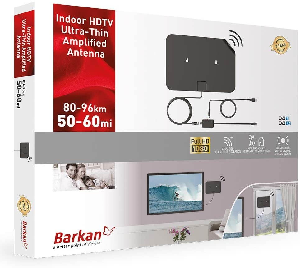 Barkan HDTV Amplified Wall/Glass Mounted Ultra-Thin Indoor Antenna Full HD USB Powered 360 Degree Reception Black 2 Year Warranty (AU60A)