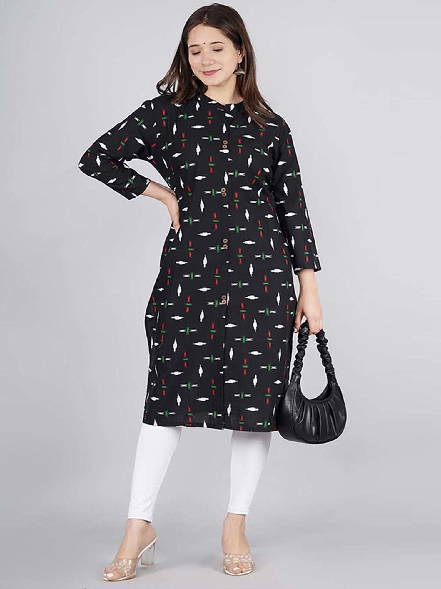 Kipek Black Cotton Printed Straight Kurta