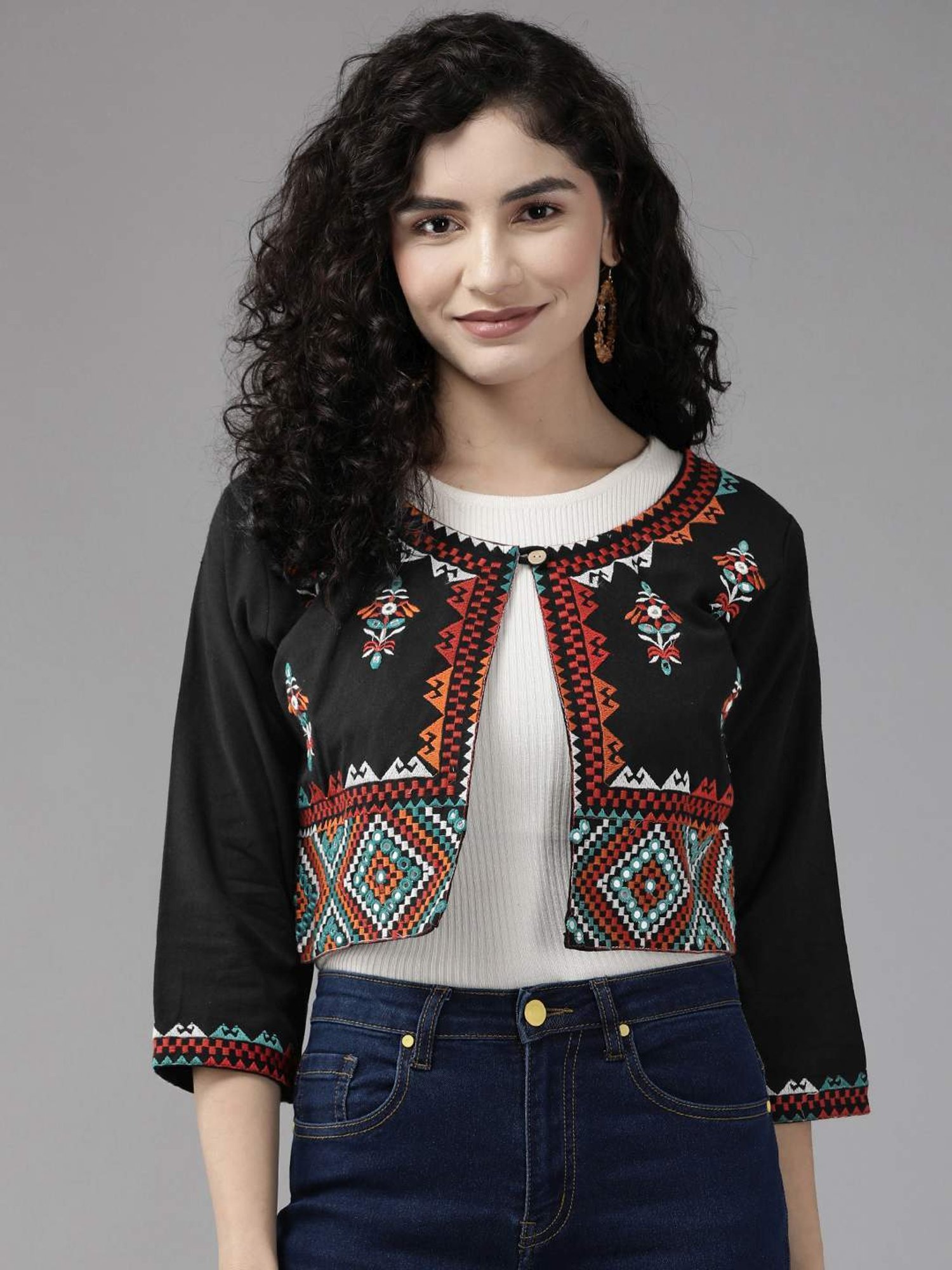 Aarika Black Cotton Embroidered Ethnic Jacket