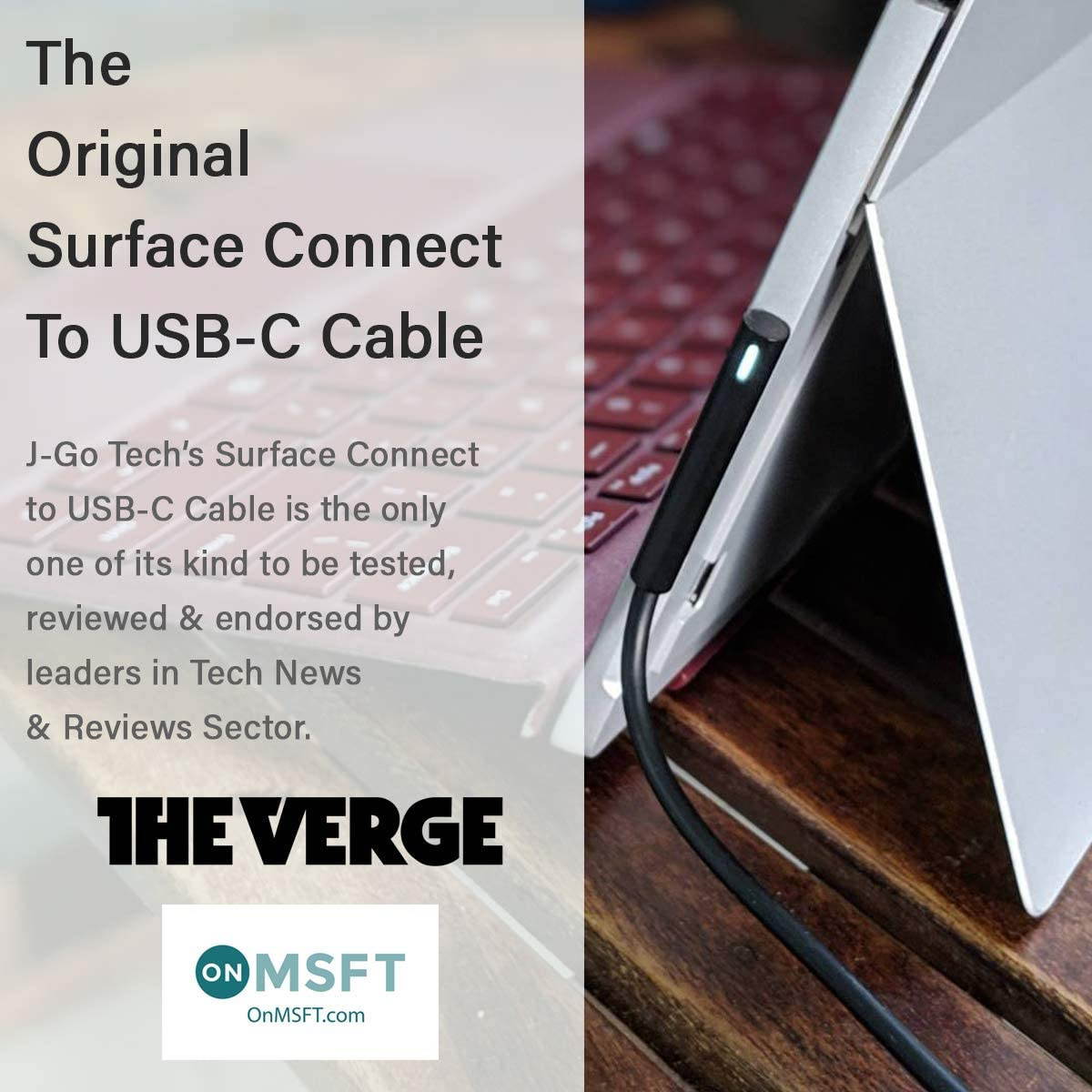 J-Go Tech Original Surface Connect To USB-C Charging Cable 15V/3A with CE and ROHS Safety Certificates (For Microsoft Surface Pro 3/4/5/6 Surface Book 1 Surface Go Surface Laptop 1/2)