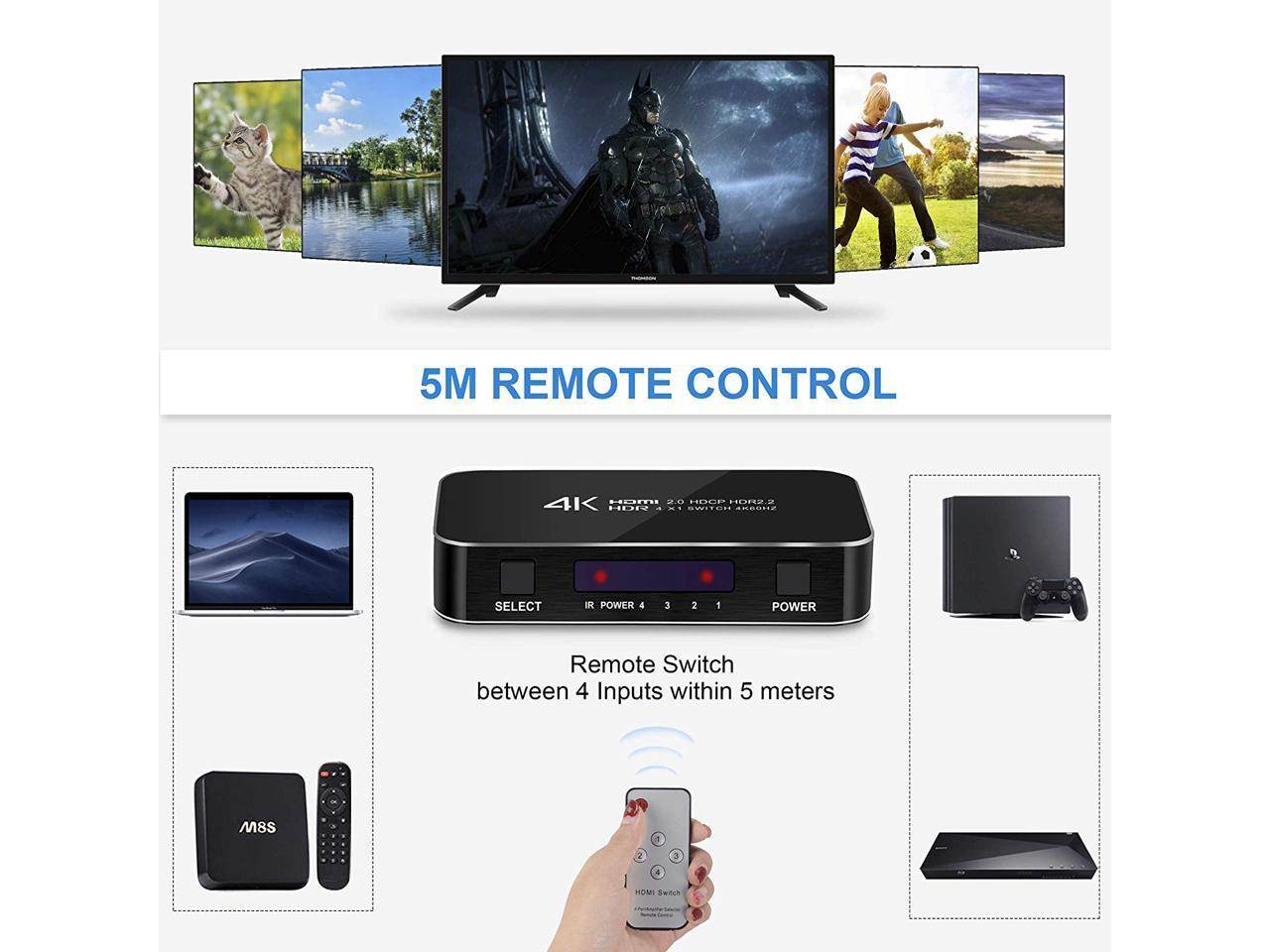 HDMI Switch, Nurbenn 4 Ports 4K 60Hz HDMI 2.0 Switcher Selector with IR Wireless Remote, Supports UltraHD Dolby Vision, High Speed(Max to 18.5Gbps), HDR10, HDCP 2.2 & 3D