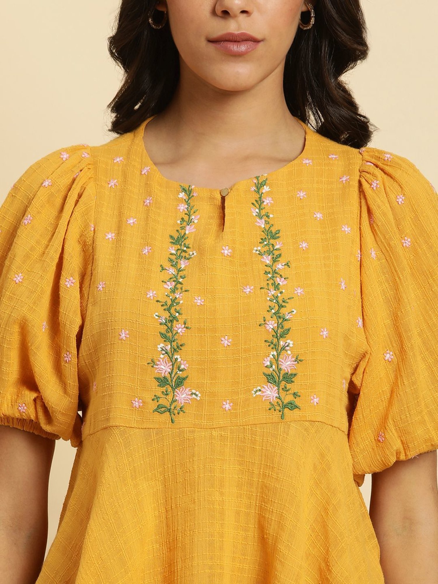 W Yellow Cotton Embroidered Top