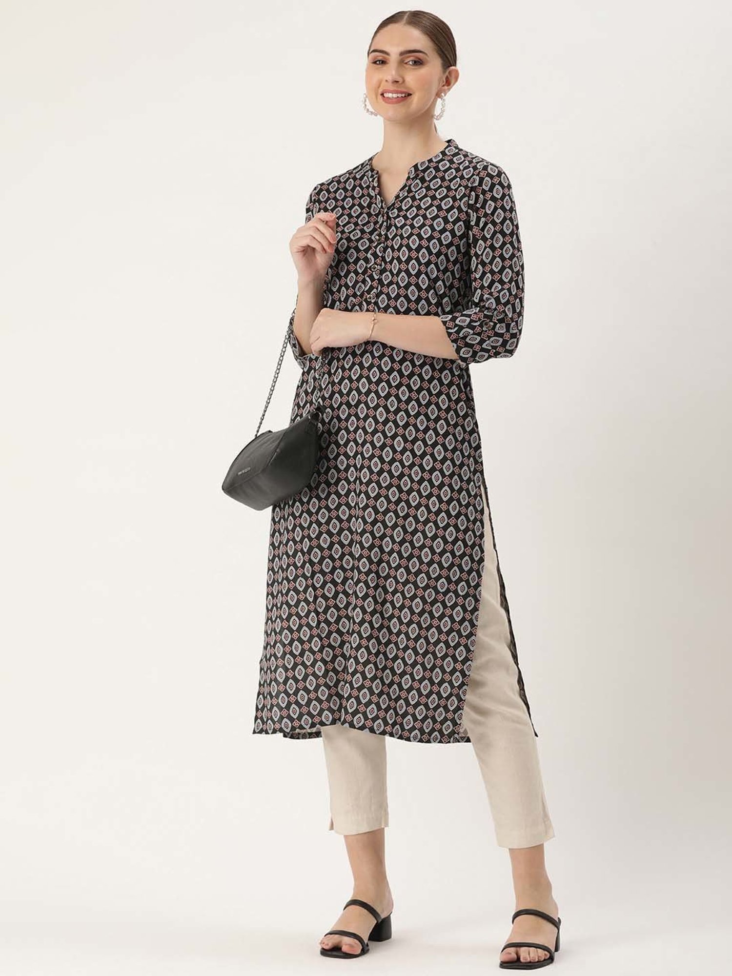 Amukti Black Printed A Line Kurta