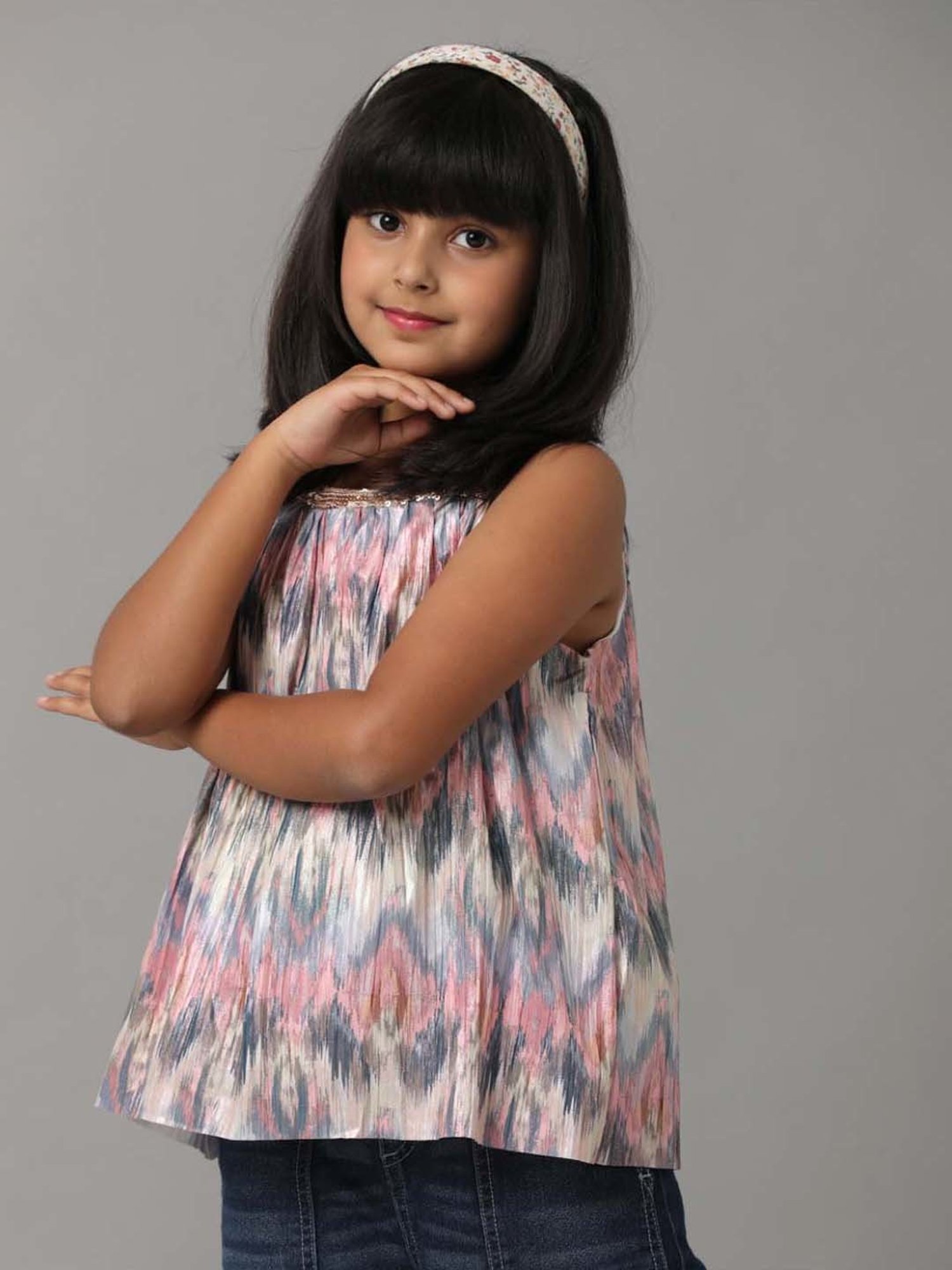 Under Fourteen Only Kids Pink & Grey Printed Top