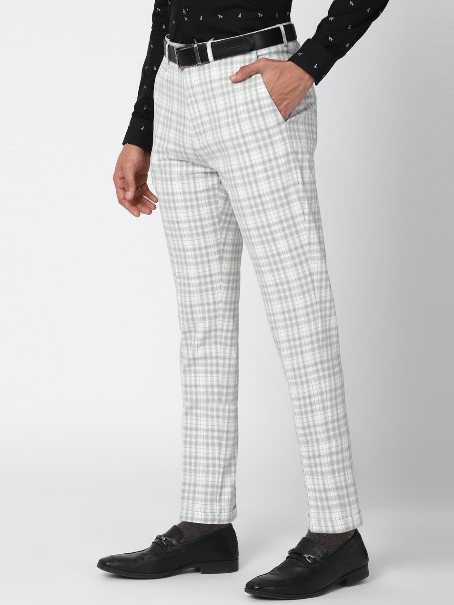 Peter England Grey & White Slim Fit Checks Flat front trousers