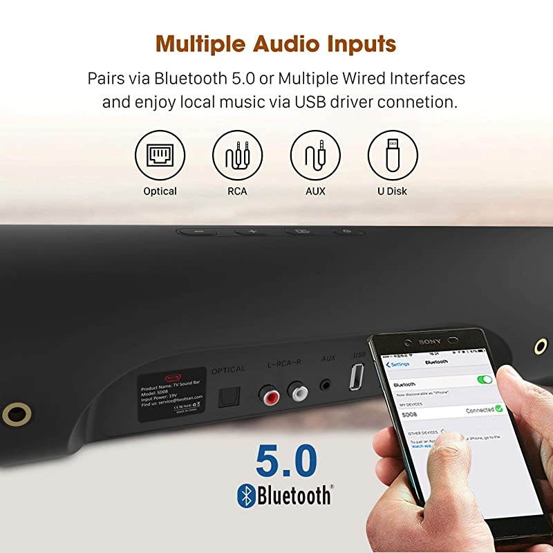 Sound Bar with Wired Subwoofer  28Inch 21 Channel 140 Watts Sound Bar with 65quot Wired Subwoofer Bluetooth 50 Dual Connection Way Bass Adjustable Wall Mountable DSP 2020 New Model