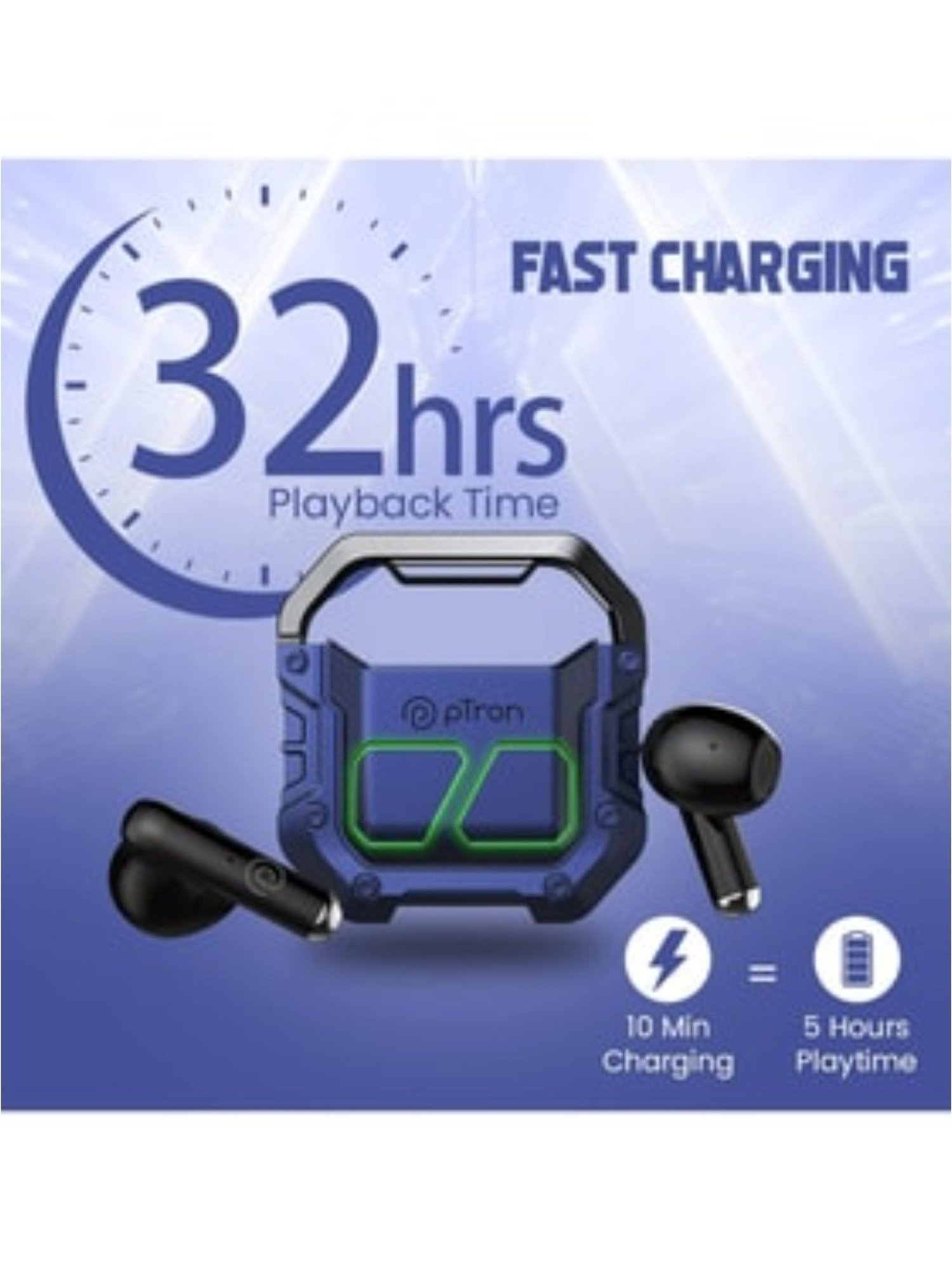 PTron Bassbuds Xtreme Bluetooth Truly Wireless Earbuds with Mic, 32 Hours Playtime (Blue & Black)