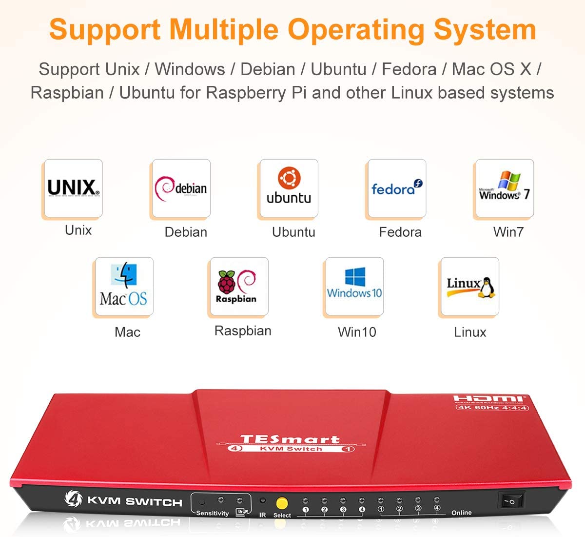 TESmart HDMI KVM Switch 4 ports 4 in 1 out  , support 4k 3840*2160@60Hz 4:4:4  Support HDR 10 and Dolby Vision ,Complaint with HDCP 2.2, With USB2.0 and audio output ports