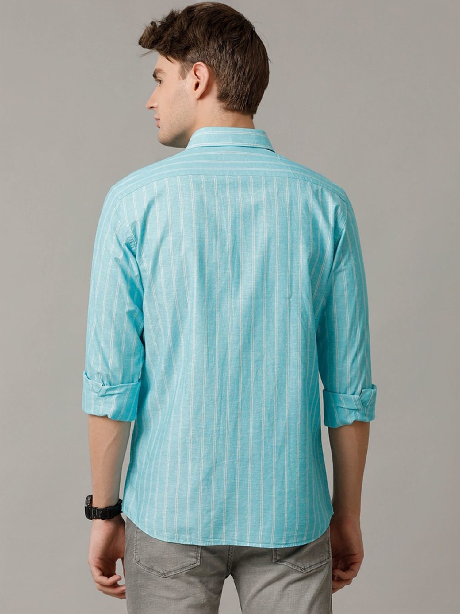 Cavallo By Linen Club Turquoise Blue Linen Contemporary Fit Striped Shirt