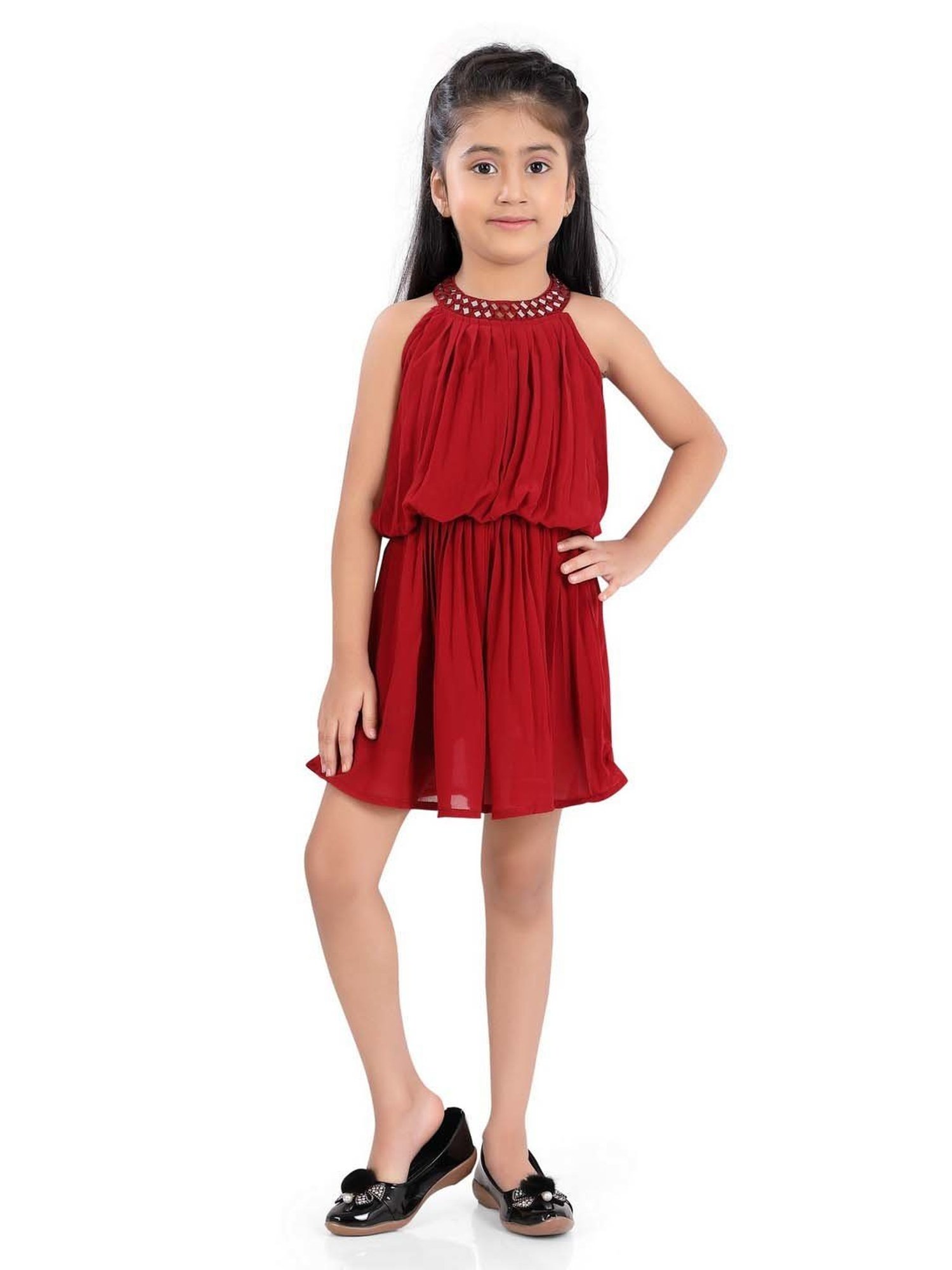 poplins Kids Maroon Cotton Regular Fit Dress