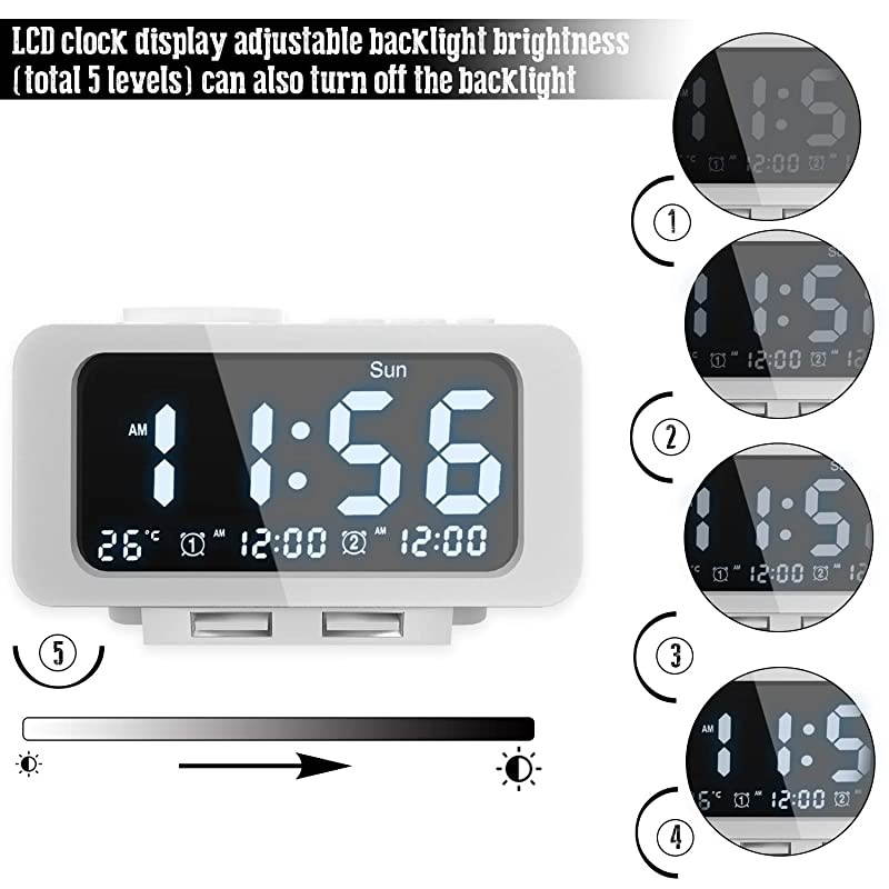 Alarm Clock Radio - FM Radio, Dual USB Port for Charging, Temperature Display, Dual Alarms, 5 Level Brightness Dimmer, Adjustable Alarm Volume, Sleep Timer for Bedrooms - White