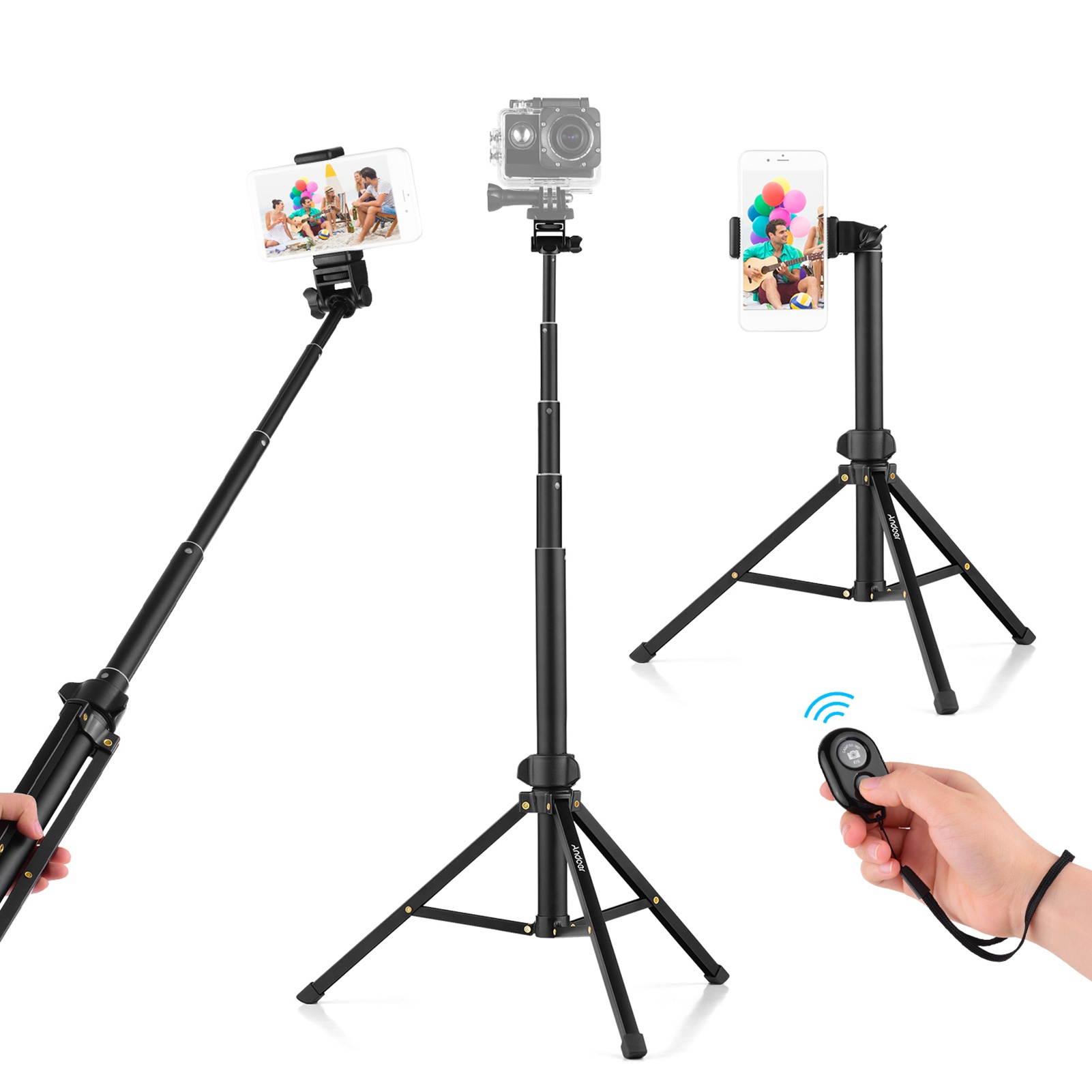 Andoer 1.5m/59in 2-in-1 Tripod Stand + Extendable Selfie Stick Aluminum Alloy with Phone Holder Remote Shutter Compatible with iPhone Android Phones for Selfie Group Photo Live Streaming
