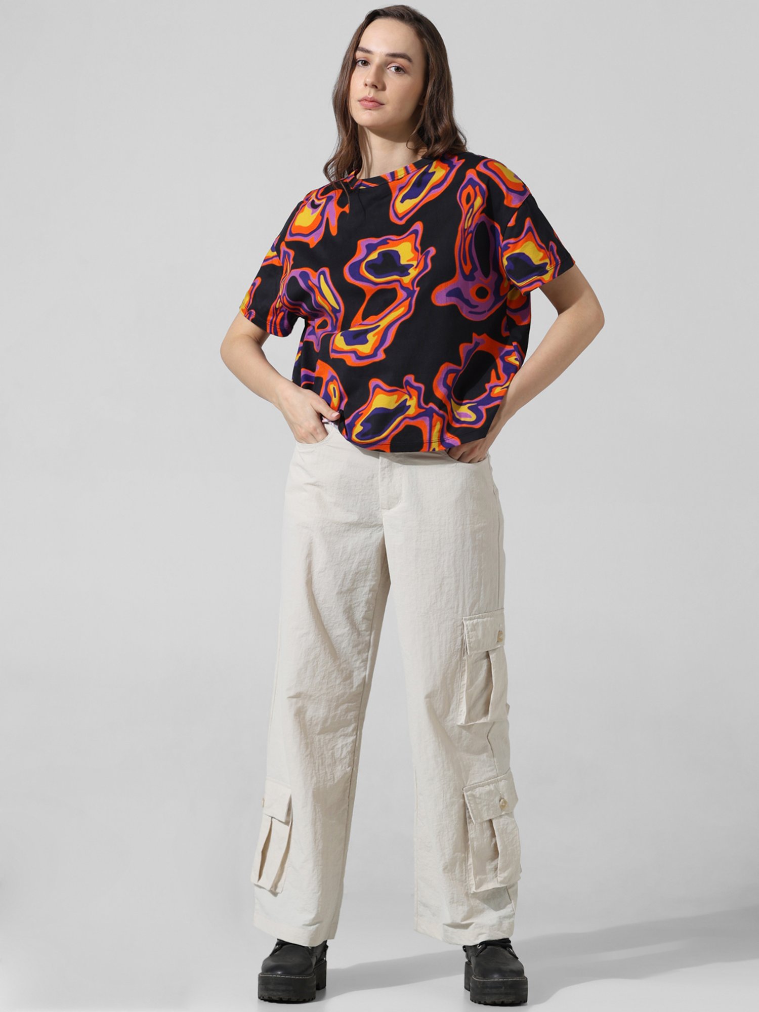 Only Black Cotton Printed Oversized T-Shirt