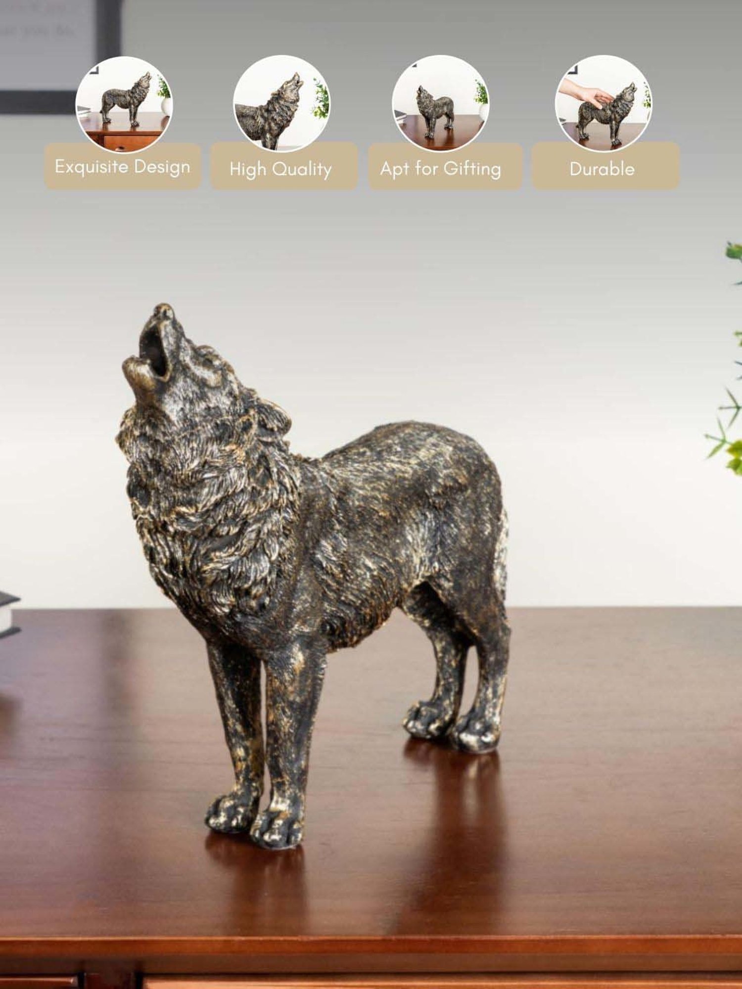 Nestasia Gold Detailed Intricate Textured Antique Howling Wolf Showpiece With Anti Skid Base 9"