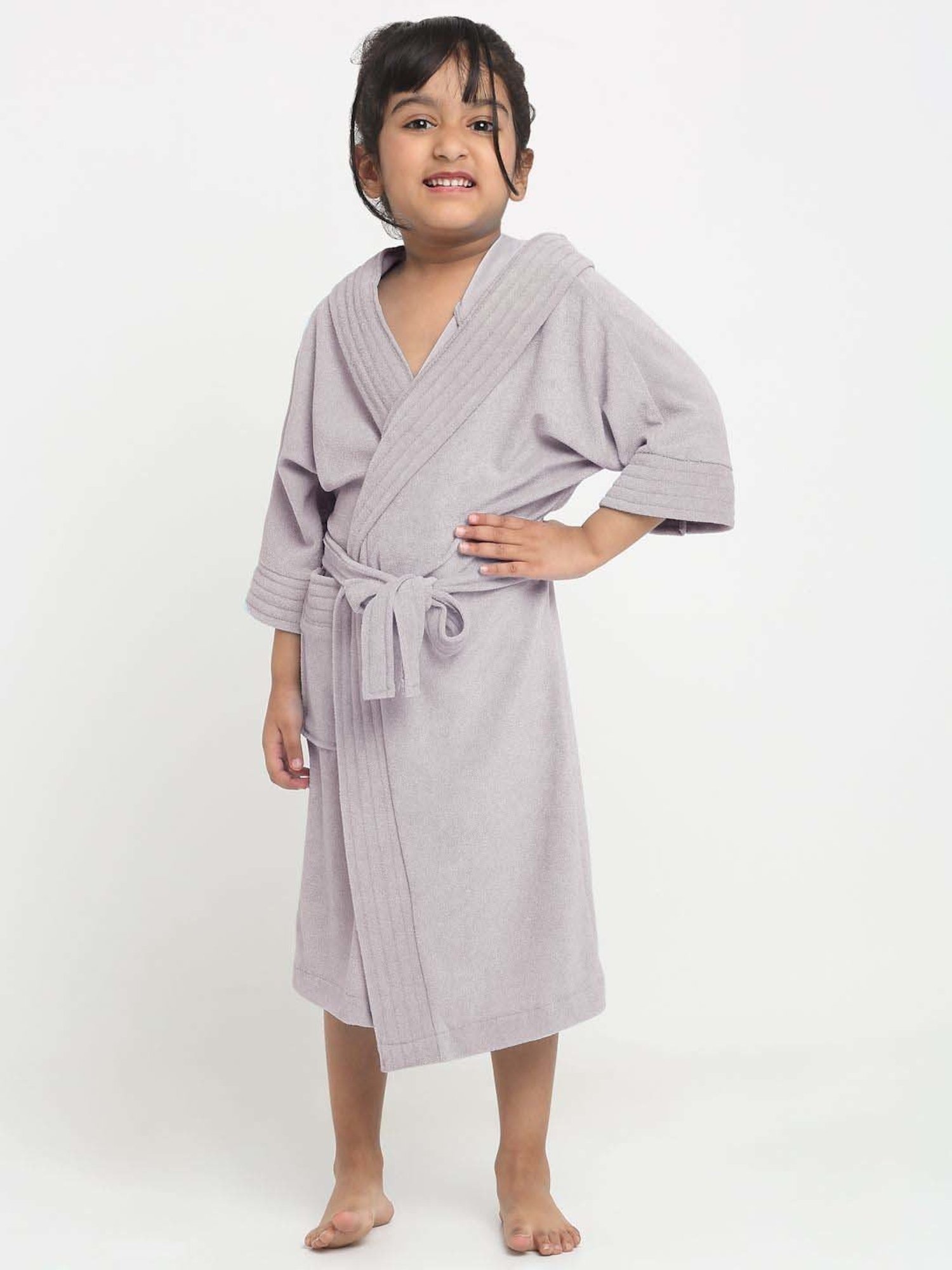 Creeva Melodious Grey Micro Terry 260 GSM Quick Dry Kids Bathrobe 6-7 Yrs With Front Pocket