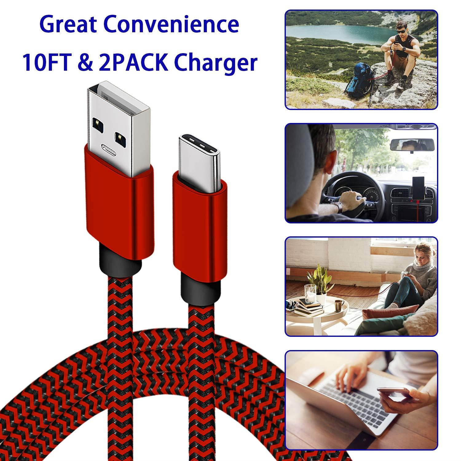 USB Type C Cable,USB C to USB A Charger(2PACK,10FT),Fast Charger Nylon Braided Type C Charging Cord for Note 9 8 Samsung Galaxy S9 S8, Moto G6 Z Z2,LG V40 V30 V20 G7 G6, Nintendo Switch(Red/Black)
