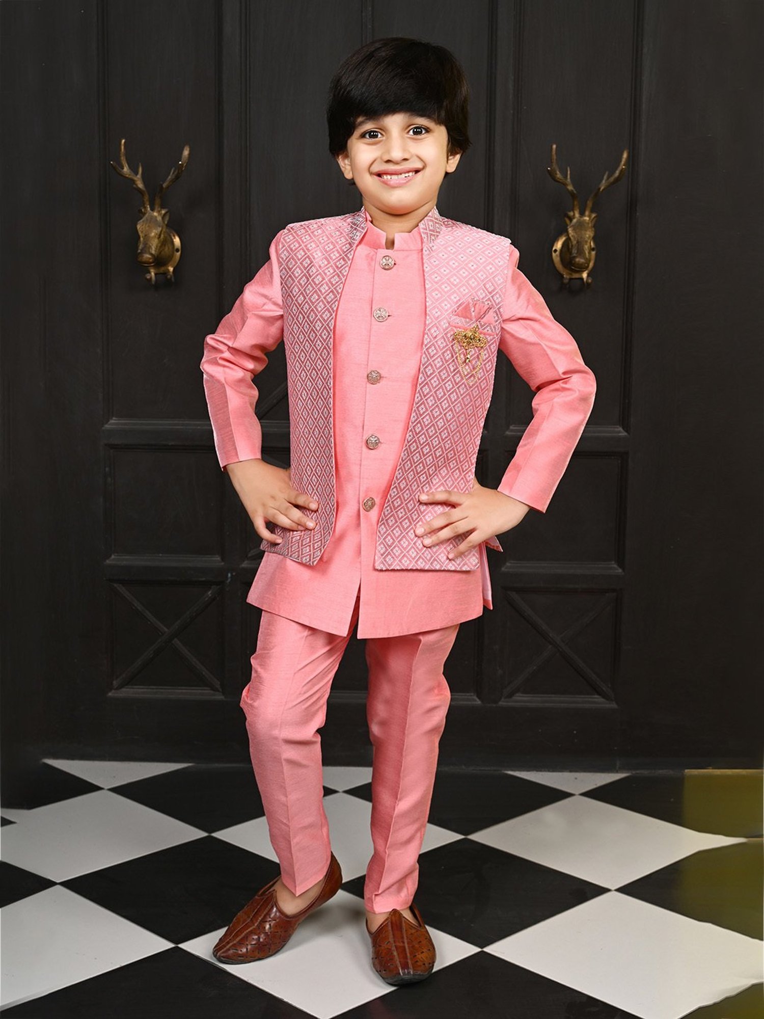 Ahhaaaa Kids Pink Embellished Full Sleeves Sherwani, Jacket & Pyjamas