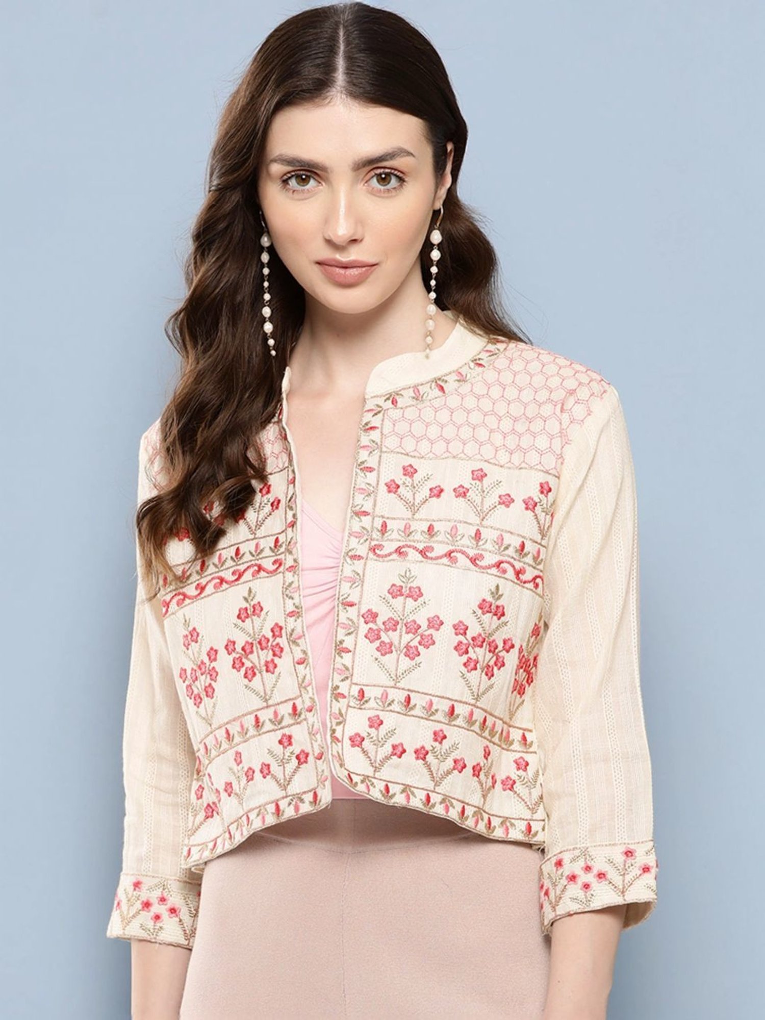 Aarika Beige Cotton Embroidered Shrug