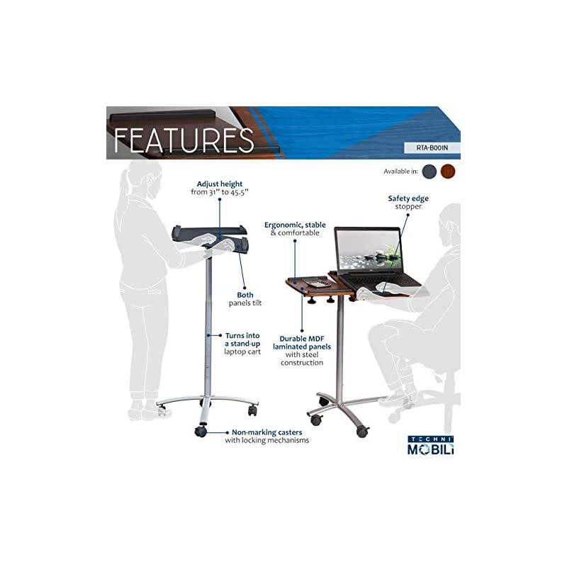 Sit-to-Stand Rolling Adjustable Laptop Cart, 32"W x 18"D x 47" H, Mahogany