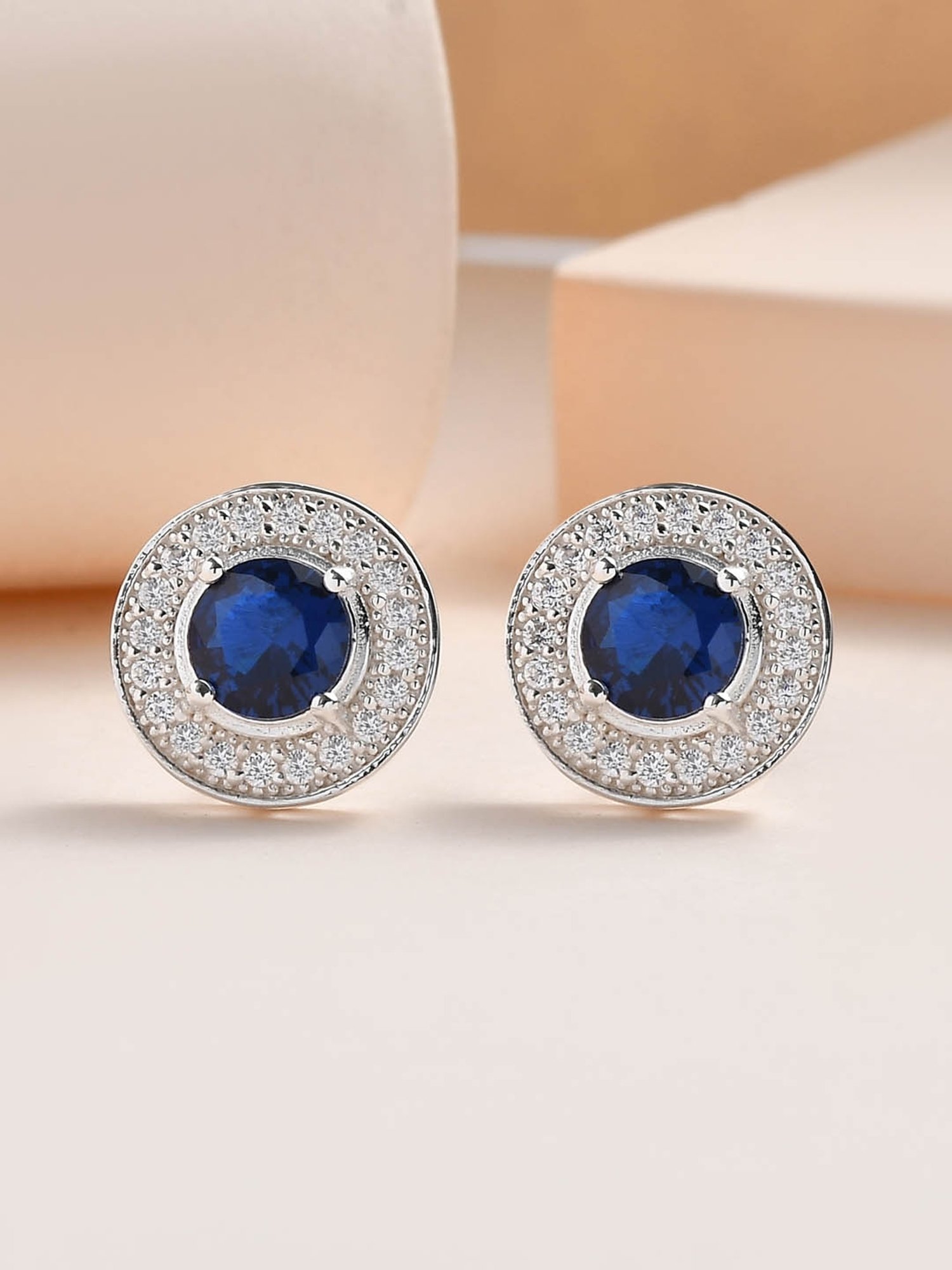 925 Silver Solitaire Blue Sapphire and American Diamond Halo Stud Earrings for Women & Girls