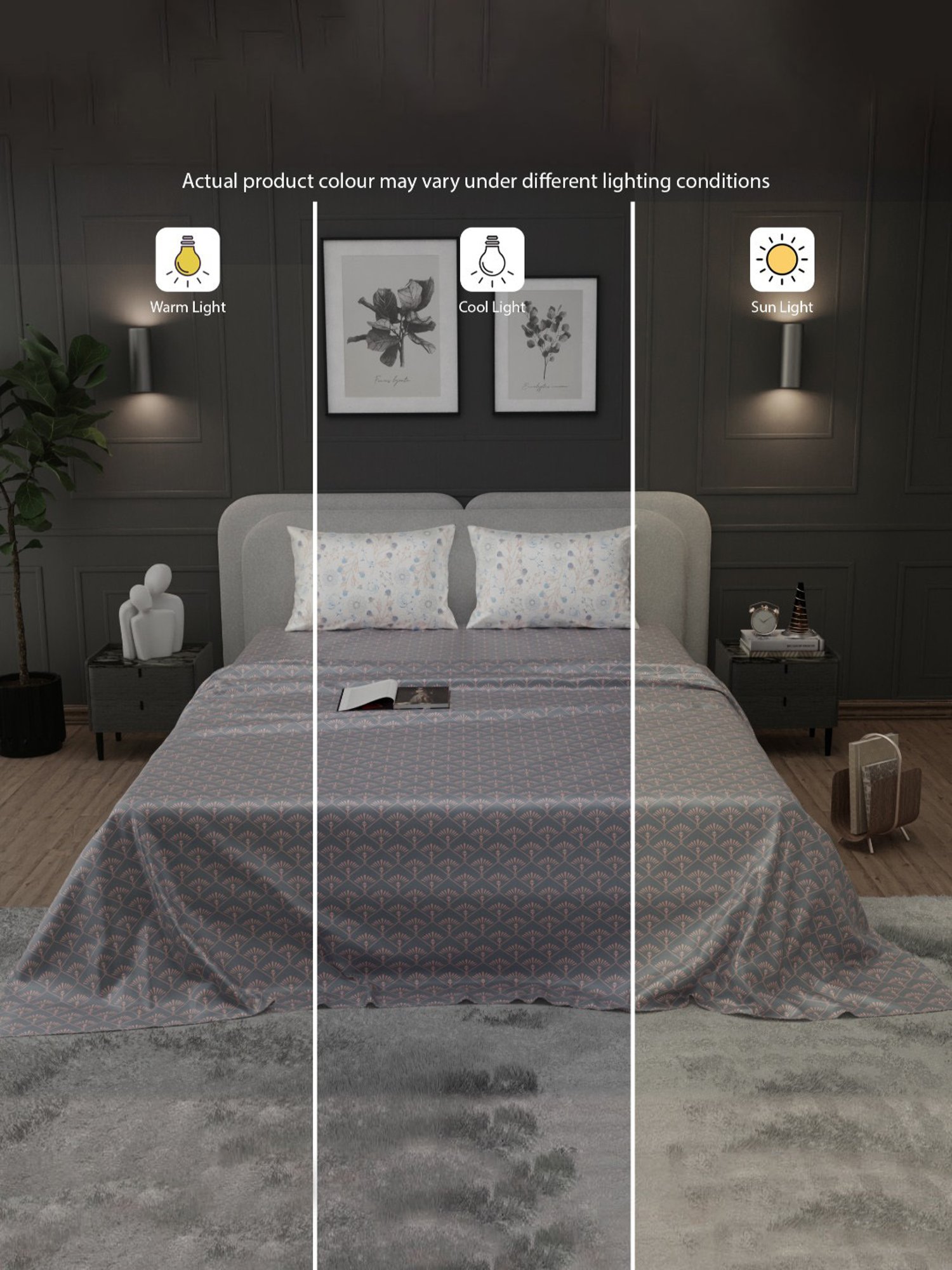 Stoa Paris Elegance Grey Polyester 300 TC Sateen Super King Size Bed Sheet With 2 Pillow Covers