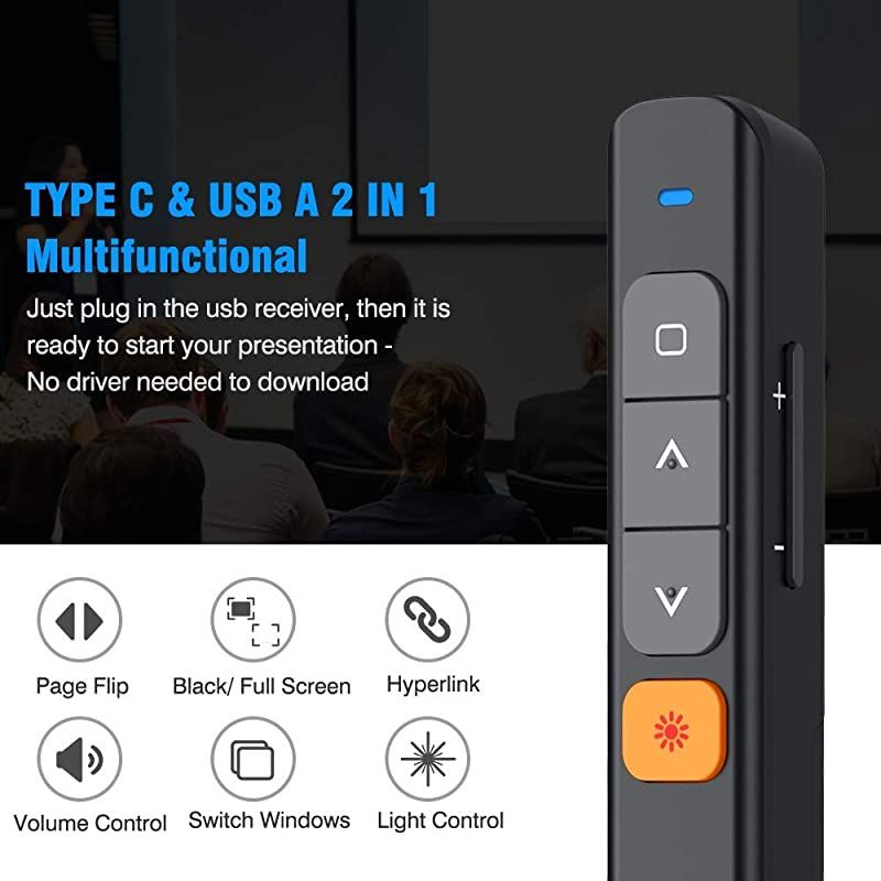 Type CUSB A 2 in 1 Presentation Clicker 100FT Hyperlink Volume Control Wireless Presenter Presentation Remote Powerpoint Clicker Pointer for MacBookHP EliteBook 1050755 etc