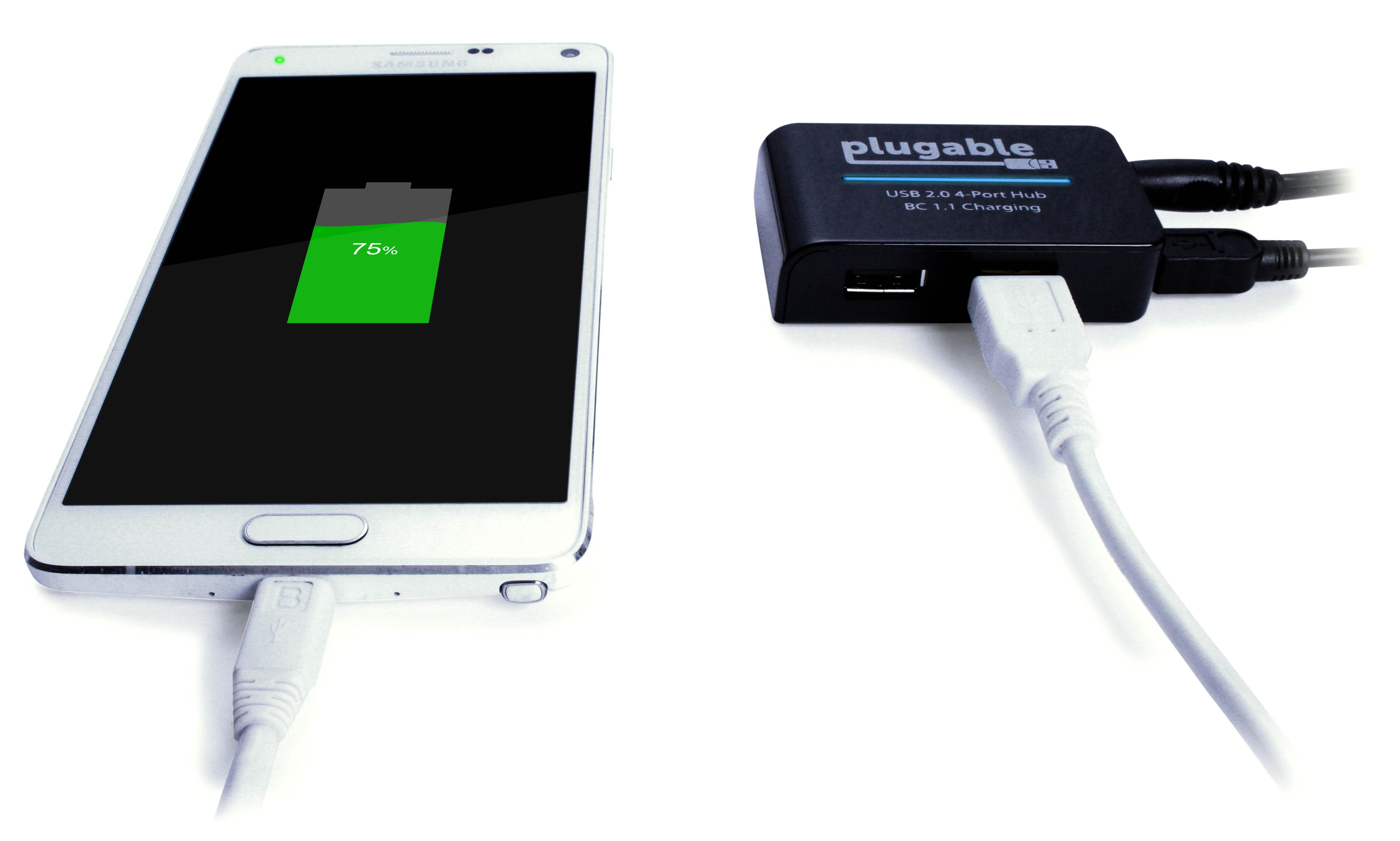 Plugable USB 2.0 4-Port High Speed Hub with 12.5W Power Adapter.