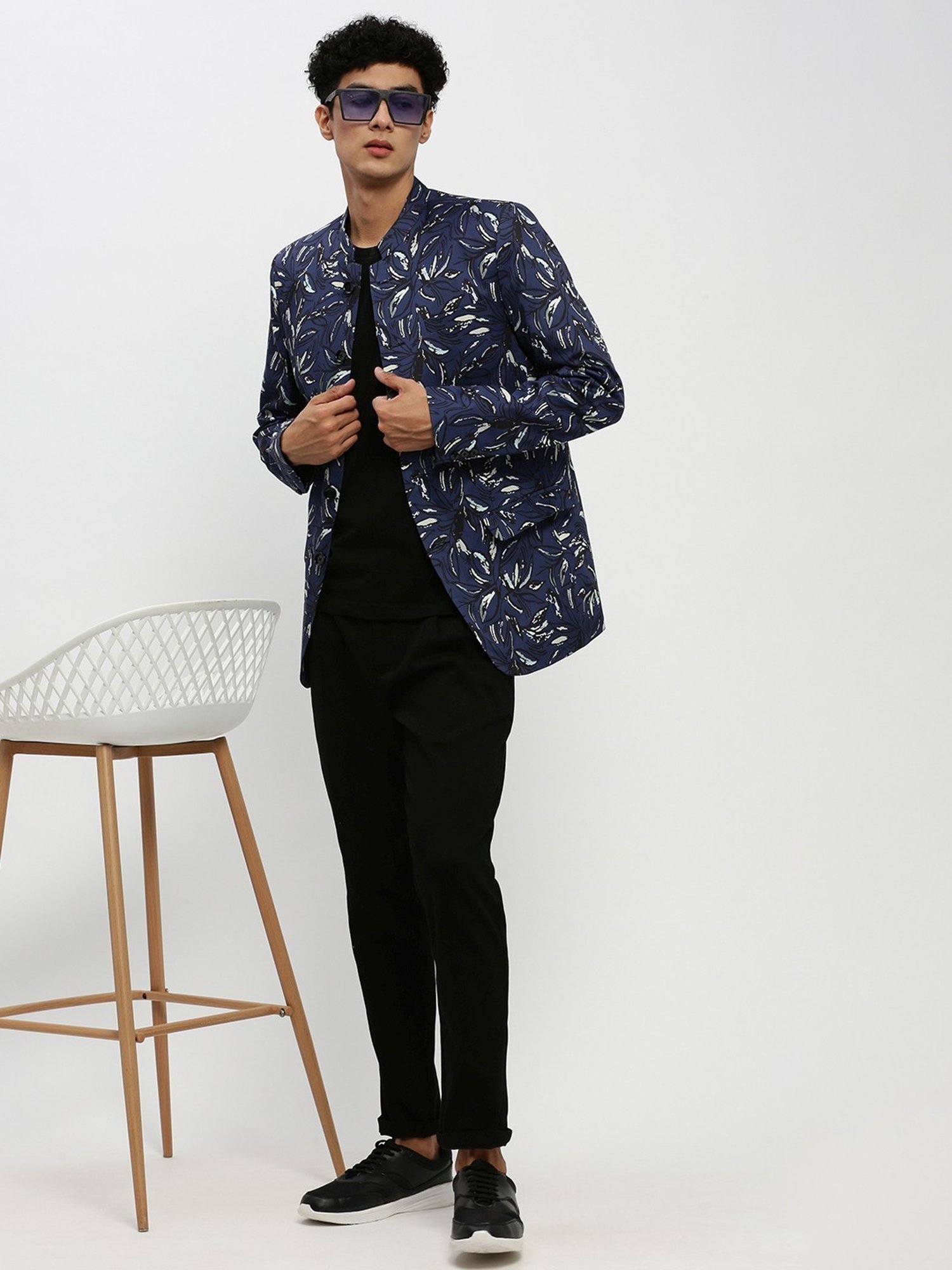SHOWOFF Navy Blue Slim Fit Printed Blazer