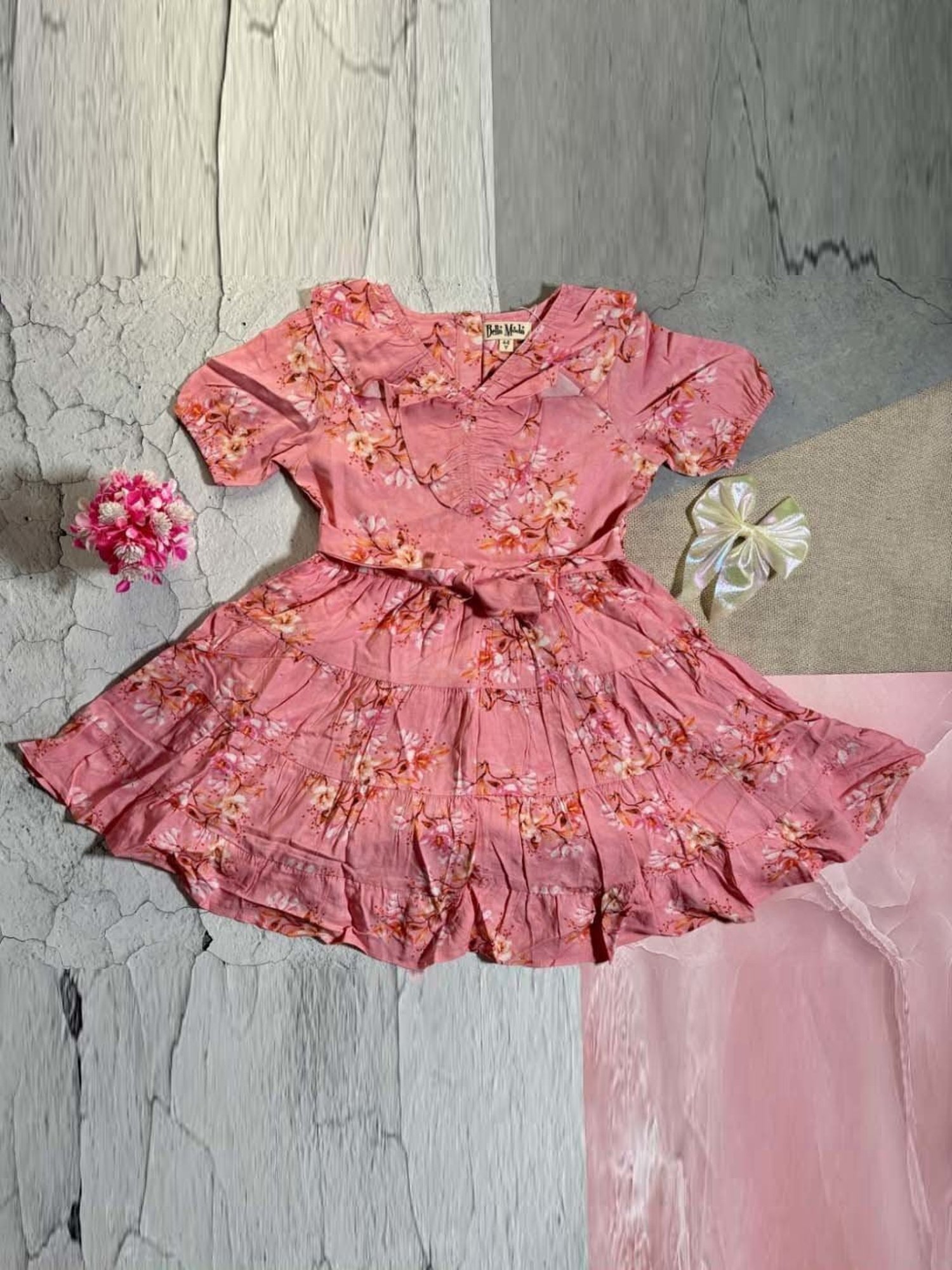 Bella Moda Kids Peach Cotton Floral Print Dress
