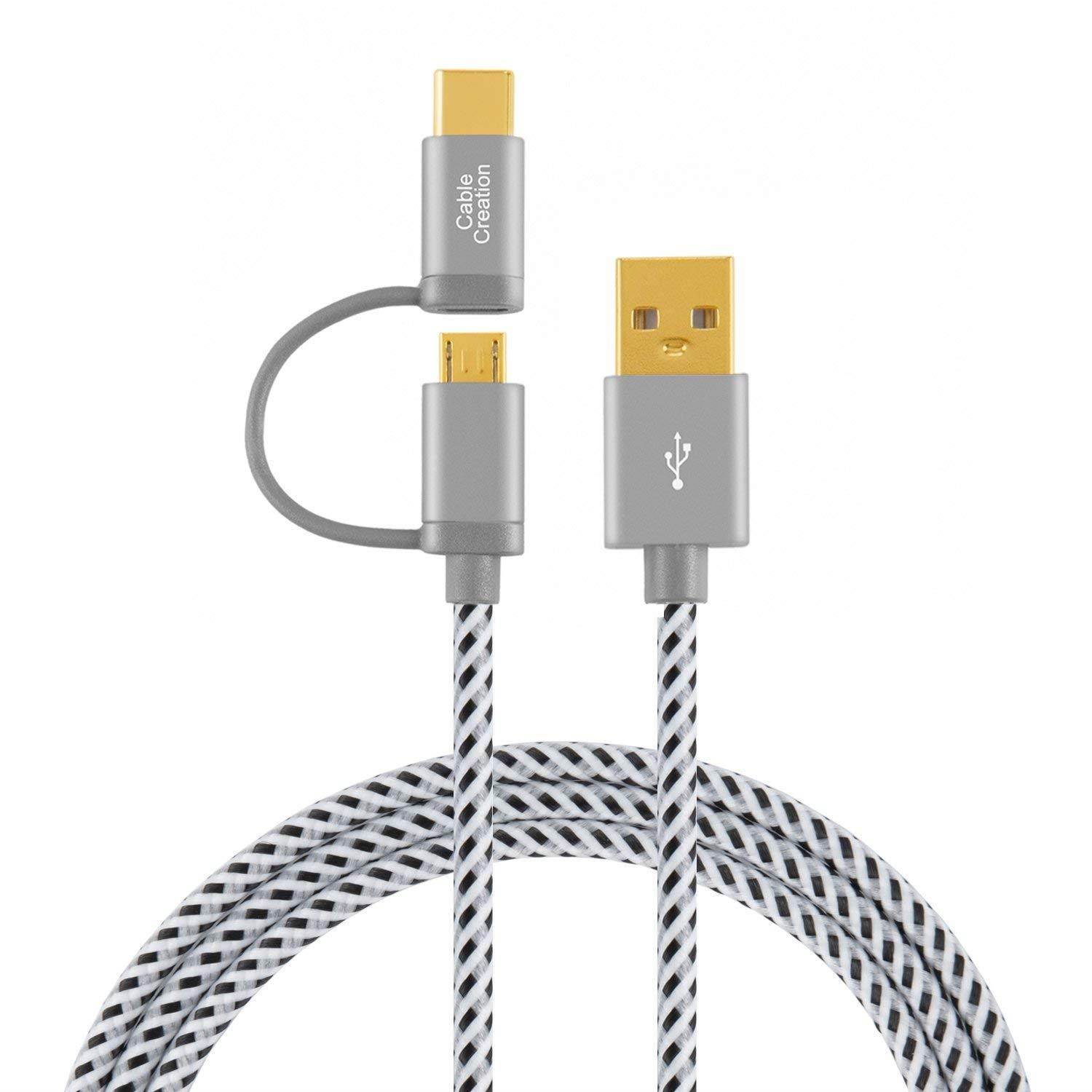 2 in 1 USB C Cable, CableCreation 0.8ft Braided USB C and Micro USB to USB A Fast Charge Cord, Compatible with Sumsang Note 8, Pixel XL, Android & USB-C Devices, 0.25 M/Space Gray Aluminum Case