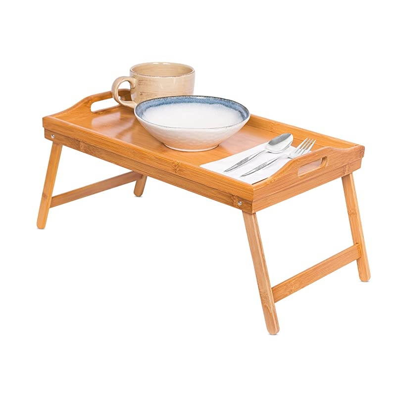 Lap Desk Bed Tray - Bamboo Table - Handles - Foldable Breakfast Serving Tray - Pull Down Legs - Portable Laptop Stand - Natural