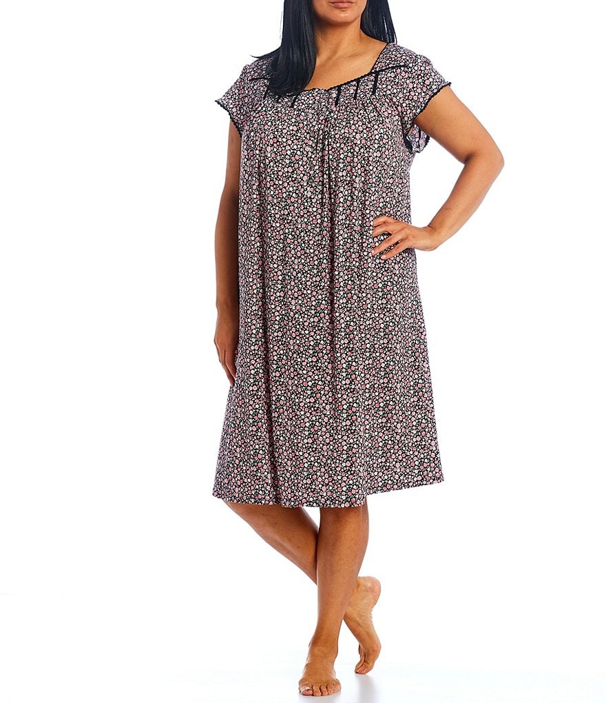 Miss Elaine Plus Cottonessa Floral Print Knit Long Nightgown