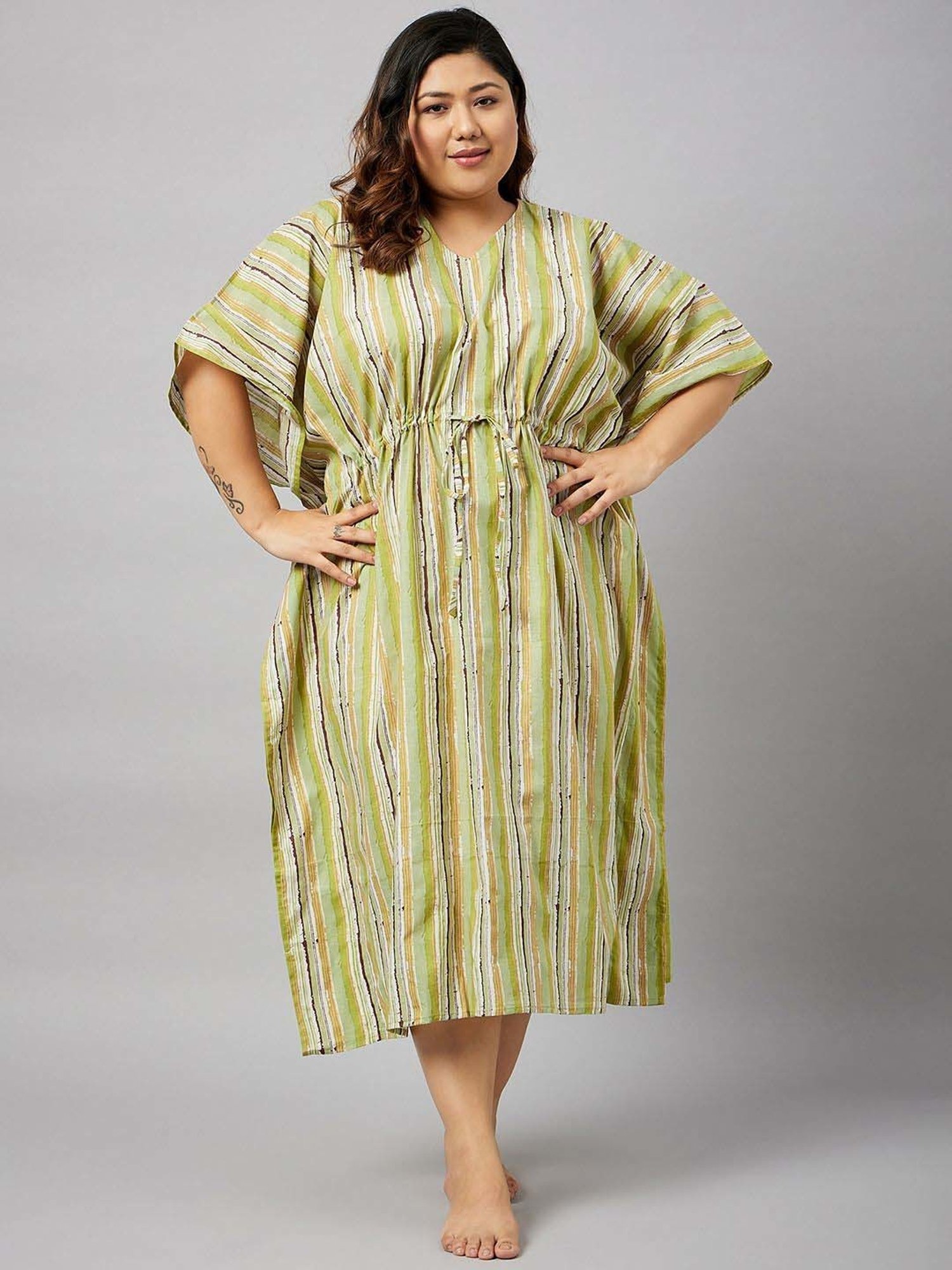 Secrets By ZeroKaata Green Cotton Printed Kaftan