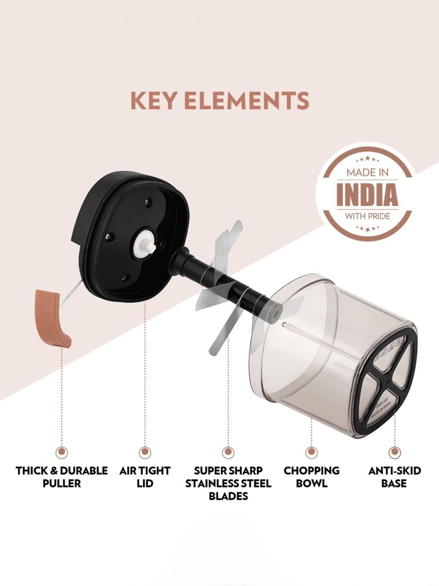 Borosil EazyPull Chopper 900 ml with 6 Blades & Durable String (Black)