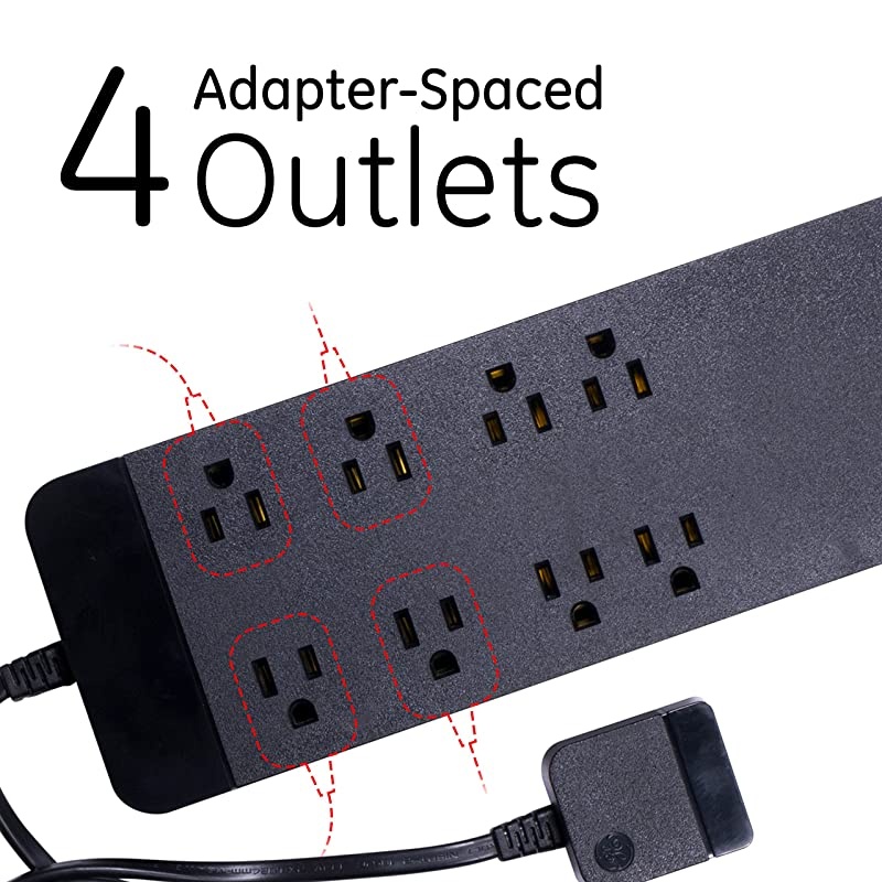 Black Power Strip Sur Protector Charr 8 Outlets 2 USB Ports Fast Char Flat Plug Long Cord 4ft 37231 4 ft