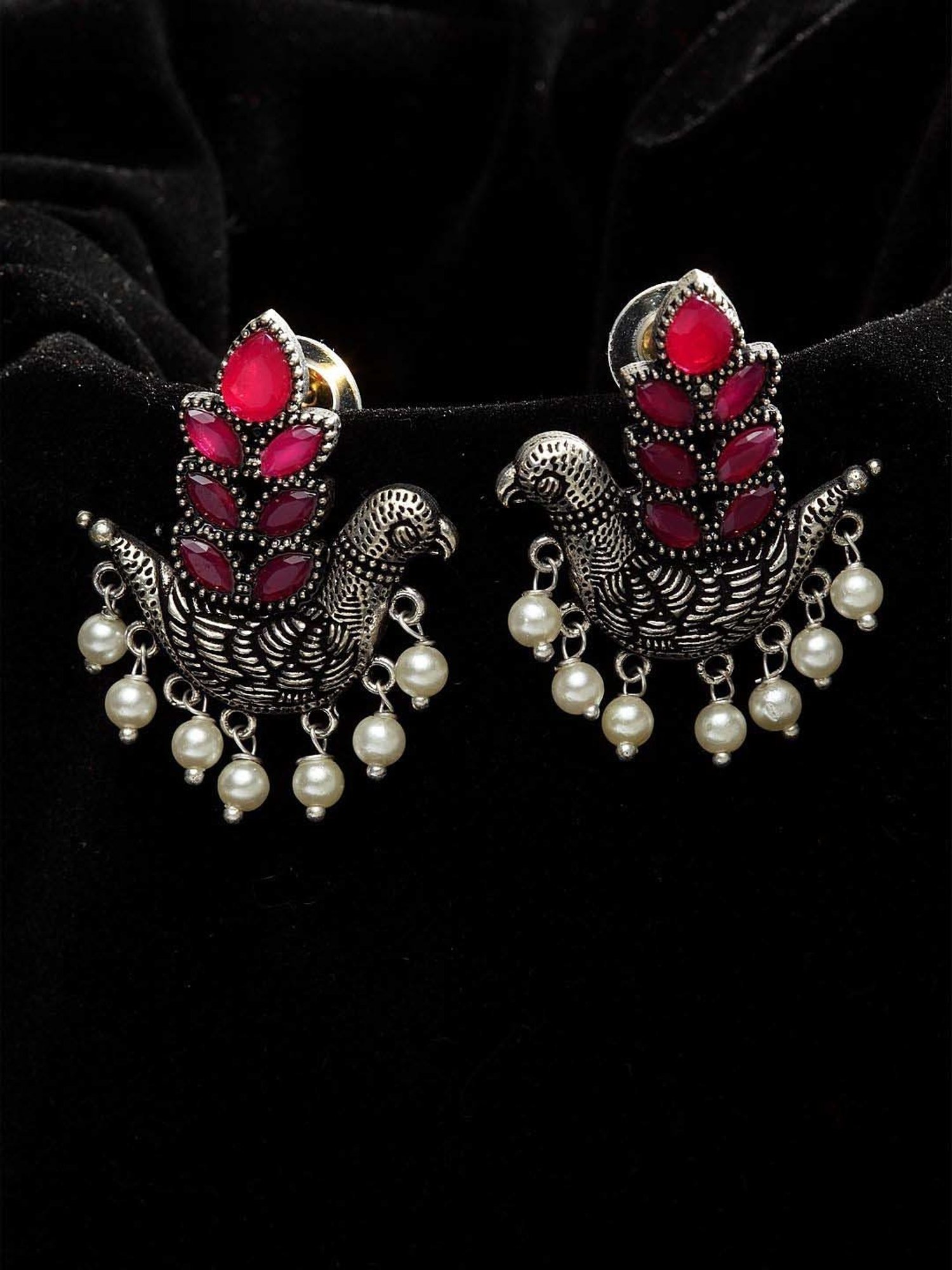 Panash Silver-Plated & Pink Oxidised Stud Earrings