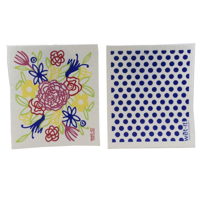 Swedish Dish Cloth 7.75" Flower Bouquet & Blue Dots Abosorbant Cleaning Cloth  -  Dish Cloth