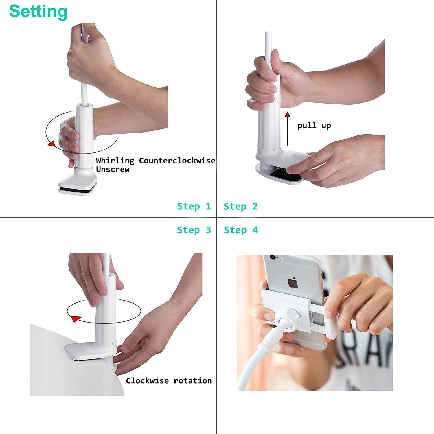 Cell Phone Clip on Stand Holder - with Grip Flexible Long Arm Gooseneck Bracket Mount Clamp for iPhone X/8/7/6/6s/5 Samsung S8/S7, for bed, desktop, Black