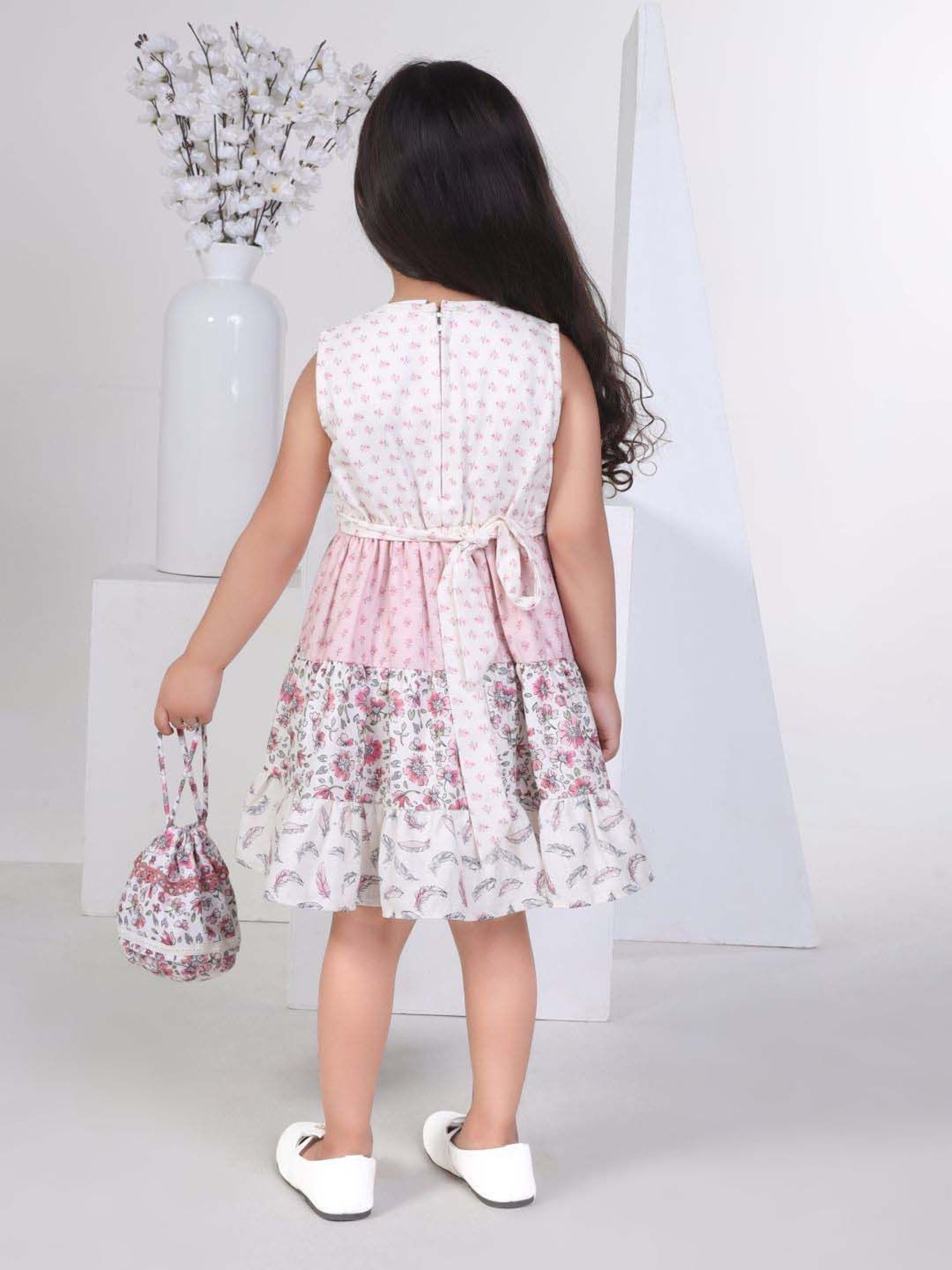 Peppermint Girls Cream Linen Floral Dress
