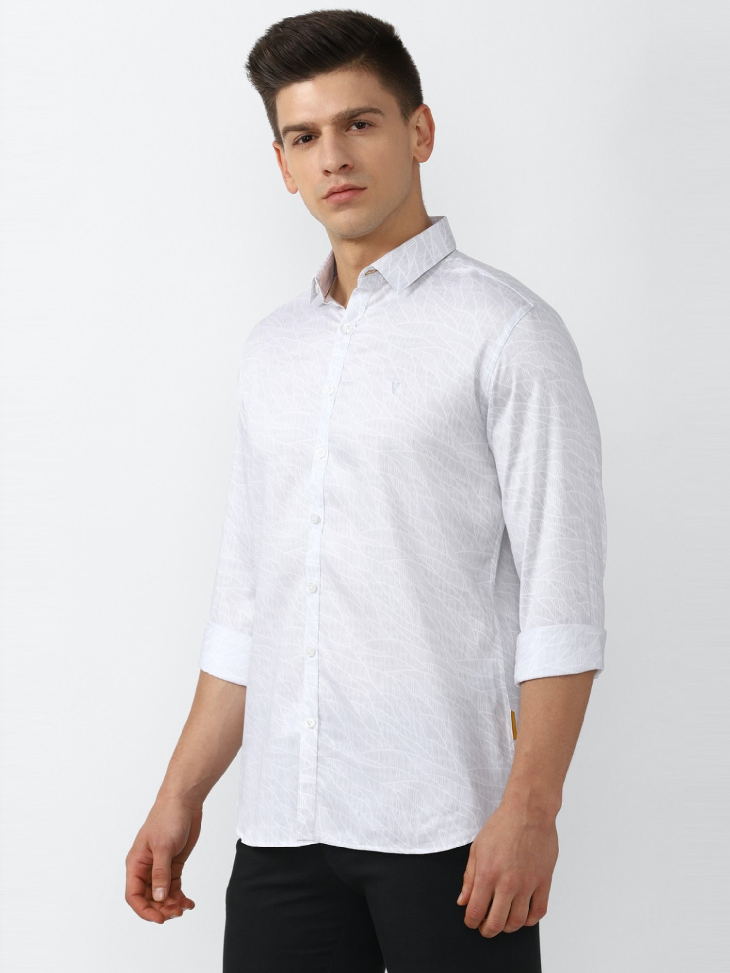 V Dot White Slim Fit Printed Shirt