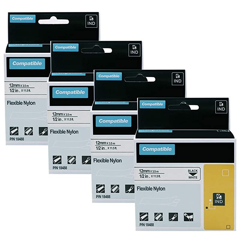 Compatible Industrial Label Tapes Replacement DYMO 18488 12 Flexible Nylon Label for DYMO Industrial Rhino 4200 5000 5200 6000 Label Maker Black on White 12 x 1154Pack