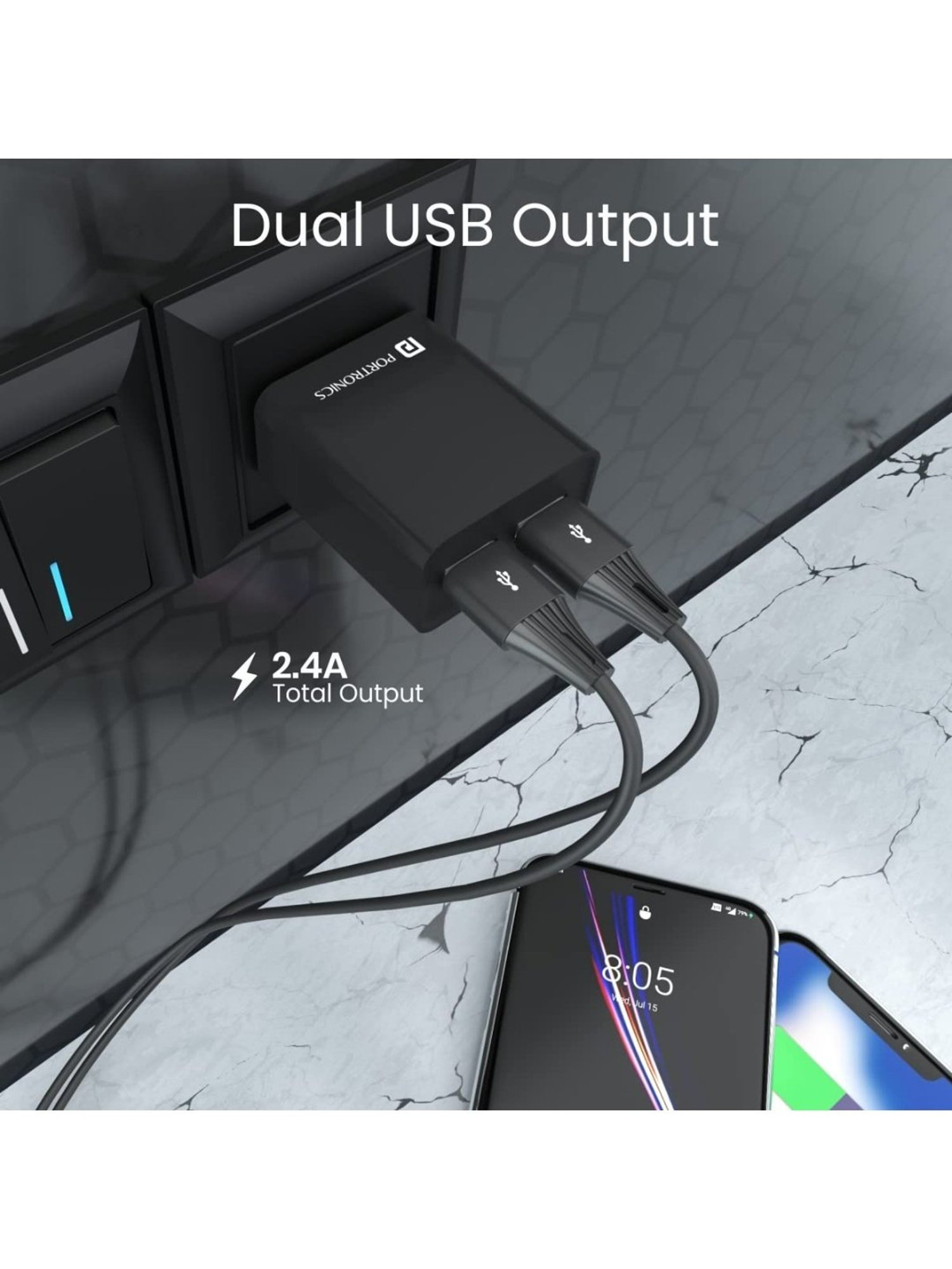 Portronics POR-1066 2.4A Dual USB Ports Charging adapter with 1M Micro Usb Cable (Black)
