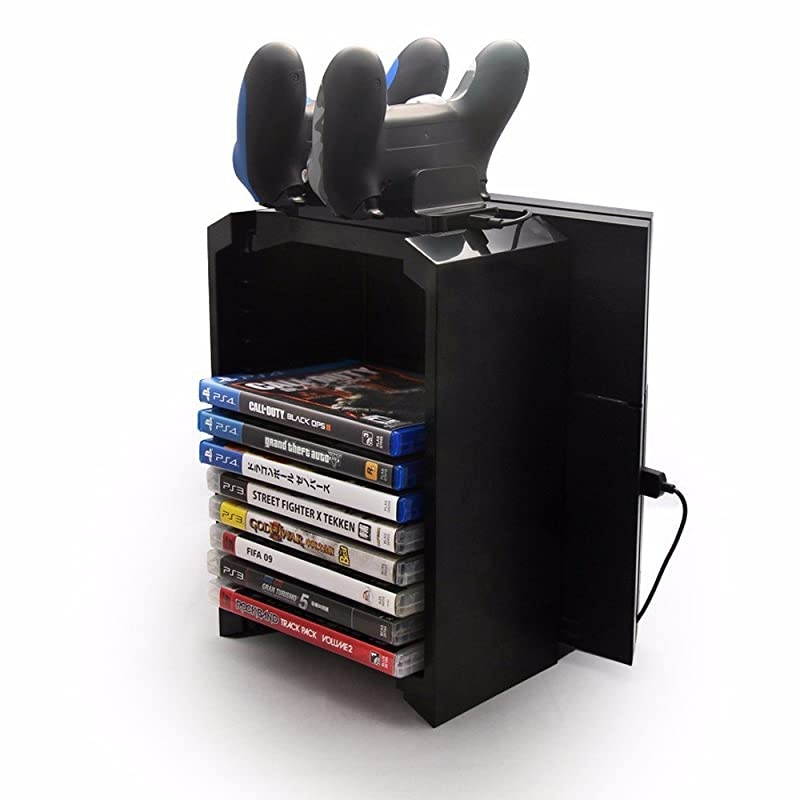 PS4 Storage Tower Holder Stand Dual Charger Dock for Sony Dualshock 4 ControllerGamepad Joystick Playstation 4 Console Controllers Charging Station Stores 12 Games Playstation 4